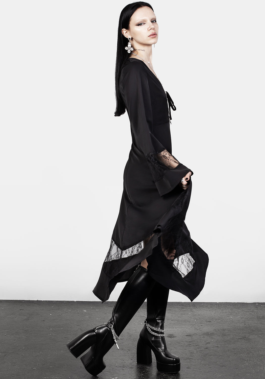 Black Lace Panelled Midi Dress with V-Neck & Flared Sleeves | Amaya