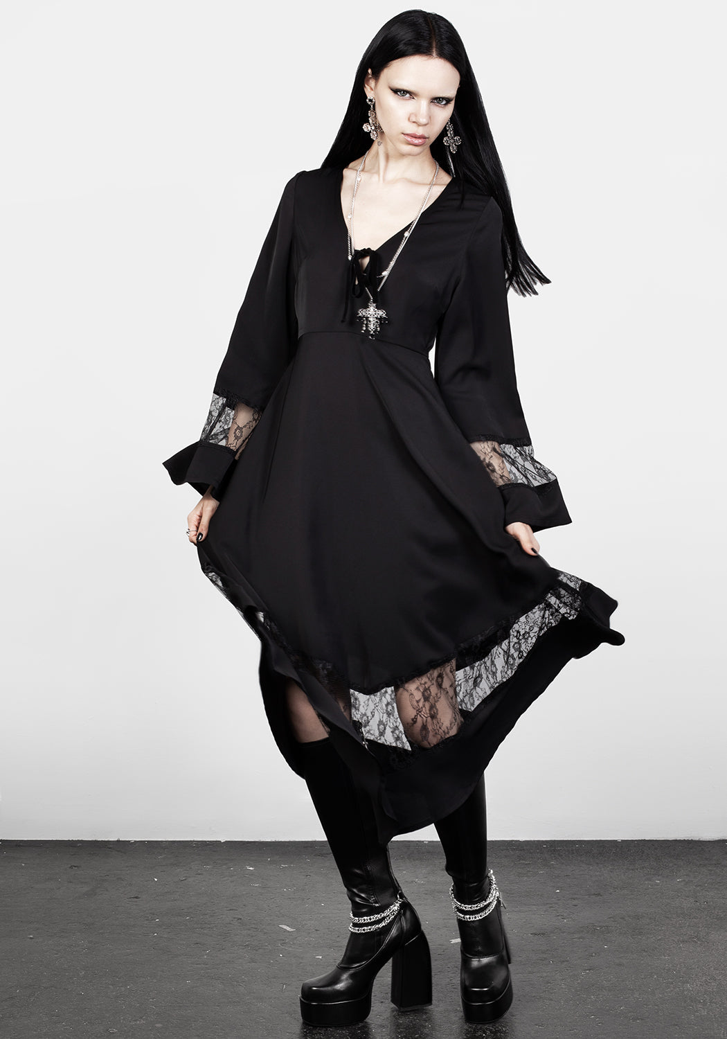 Black Lace Panelled Midi Dress with V-Neck & Flared Sleeves | Amaya