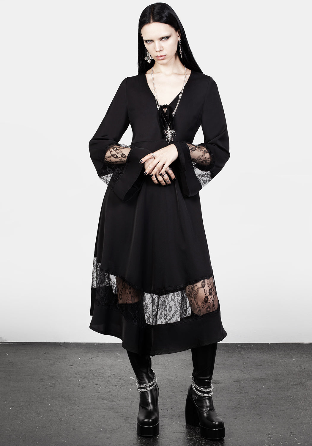Black Lace Panelled Midi Dress with V-Neck & Flared Sleeves | Amaya