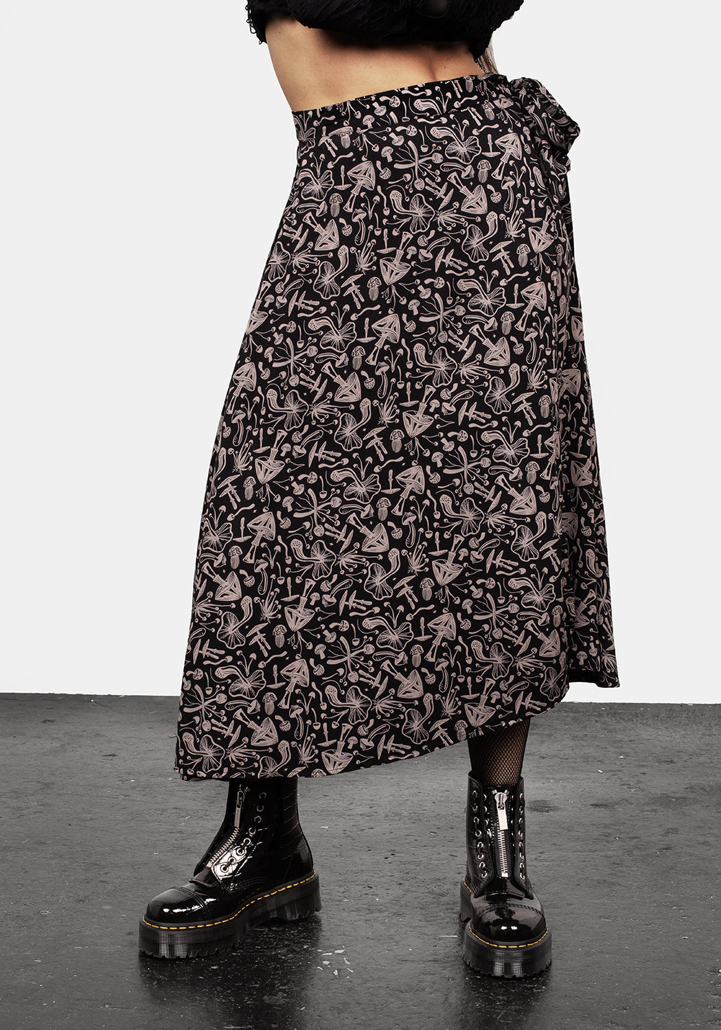 Black Mushroom Print Wrap Skirt with Silk-Like Fabric | Mycophile