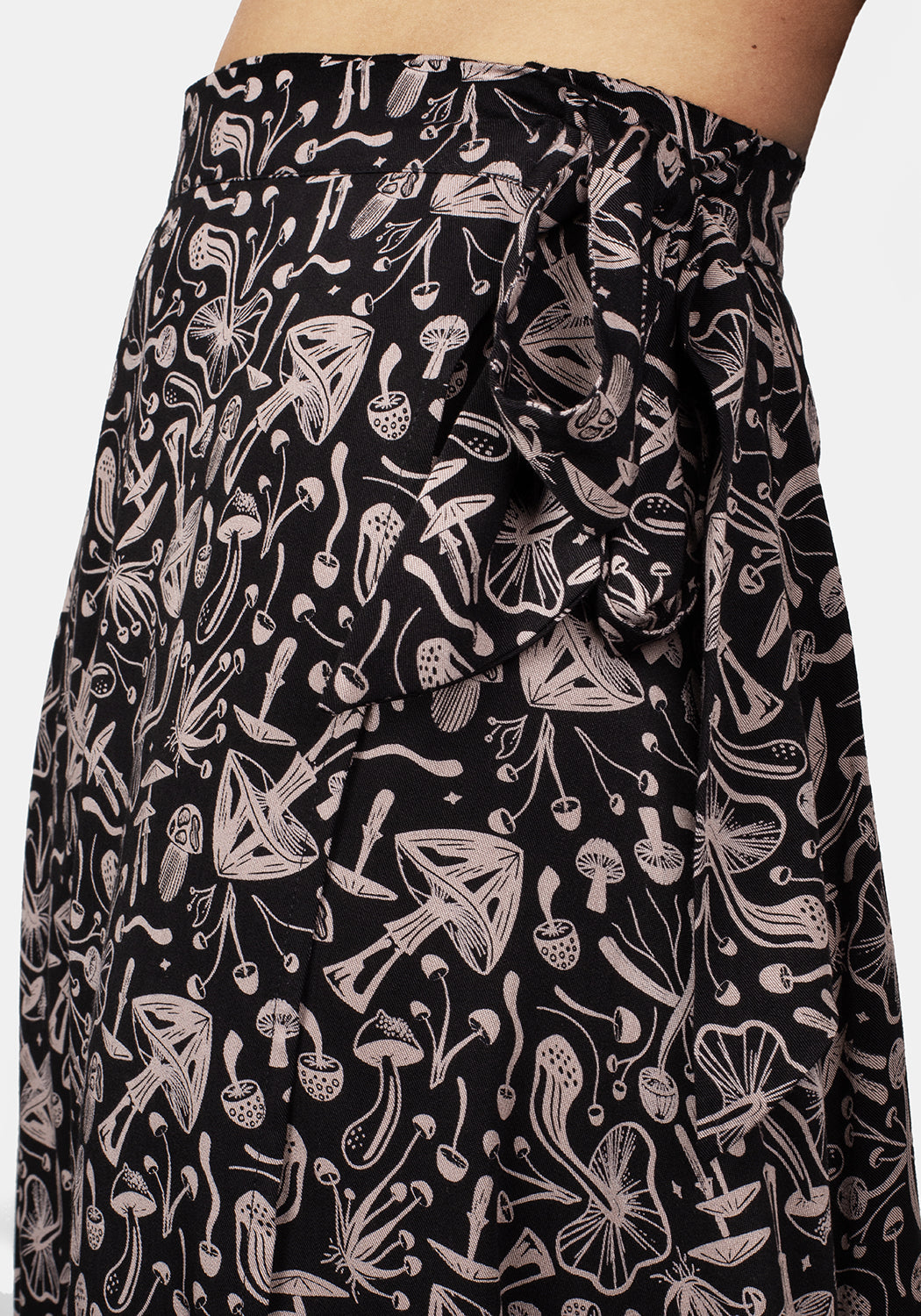 Black Mushroom Print Wrap Skirt with Silk-Like Fabric | Mycophile