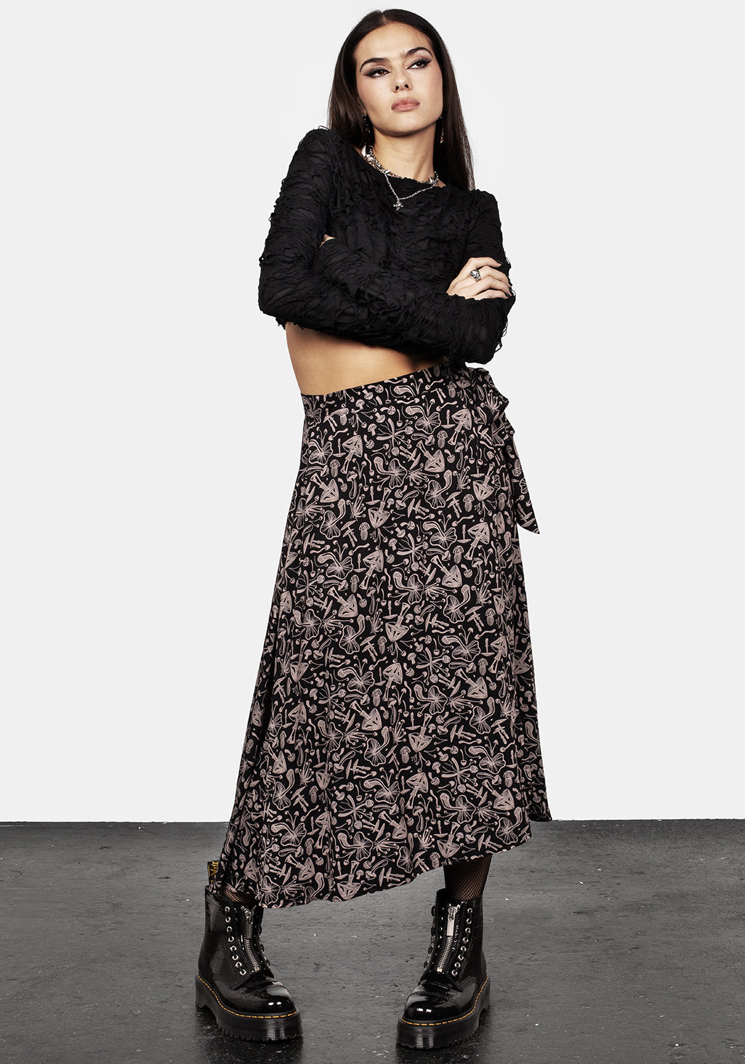 Black Mushroom Print Wrap Skirt with Silk-Like Fabric | Mycophile
