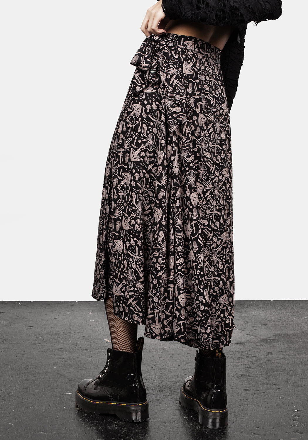 Black Mushroom Print Wrap Skirt with Silk-Like Fabric | Mycophile
