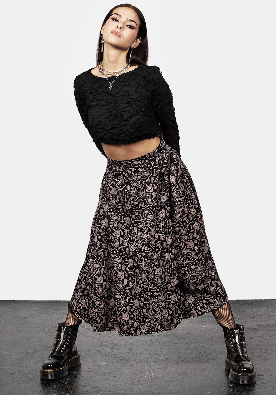 Black Mushroom Print Wrap Skirt with Silk-Like Fabric | Mycophile