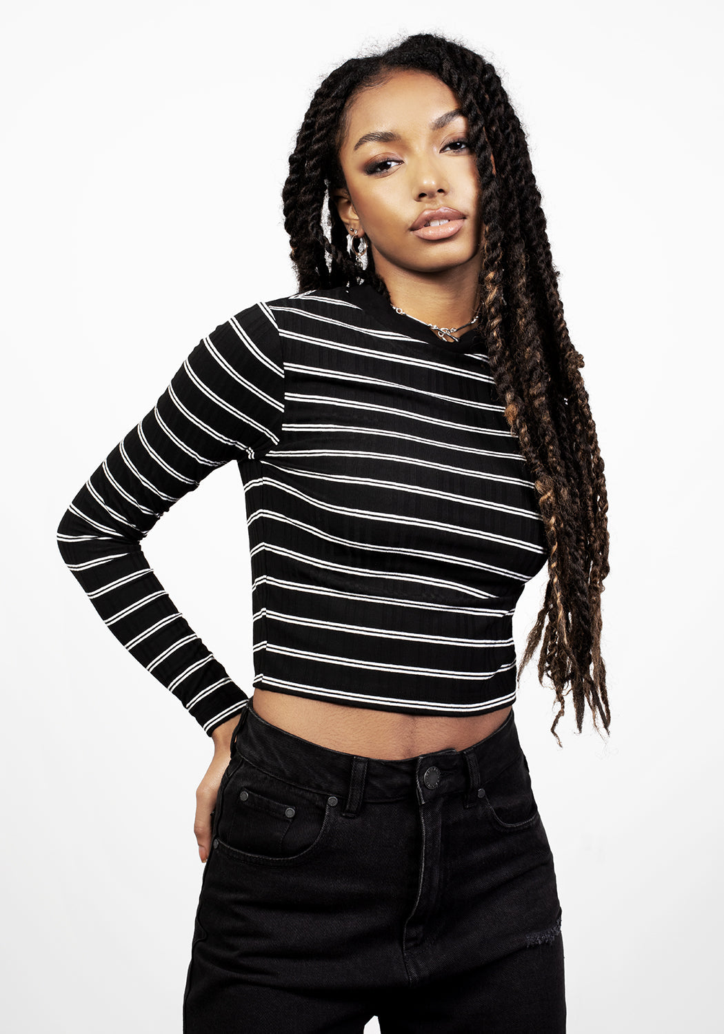 90s Striped Crop Top | Stretchy Ribbed Long Sleeve | SLASH