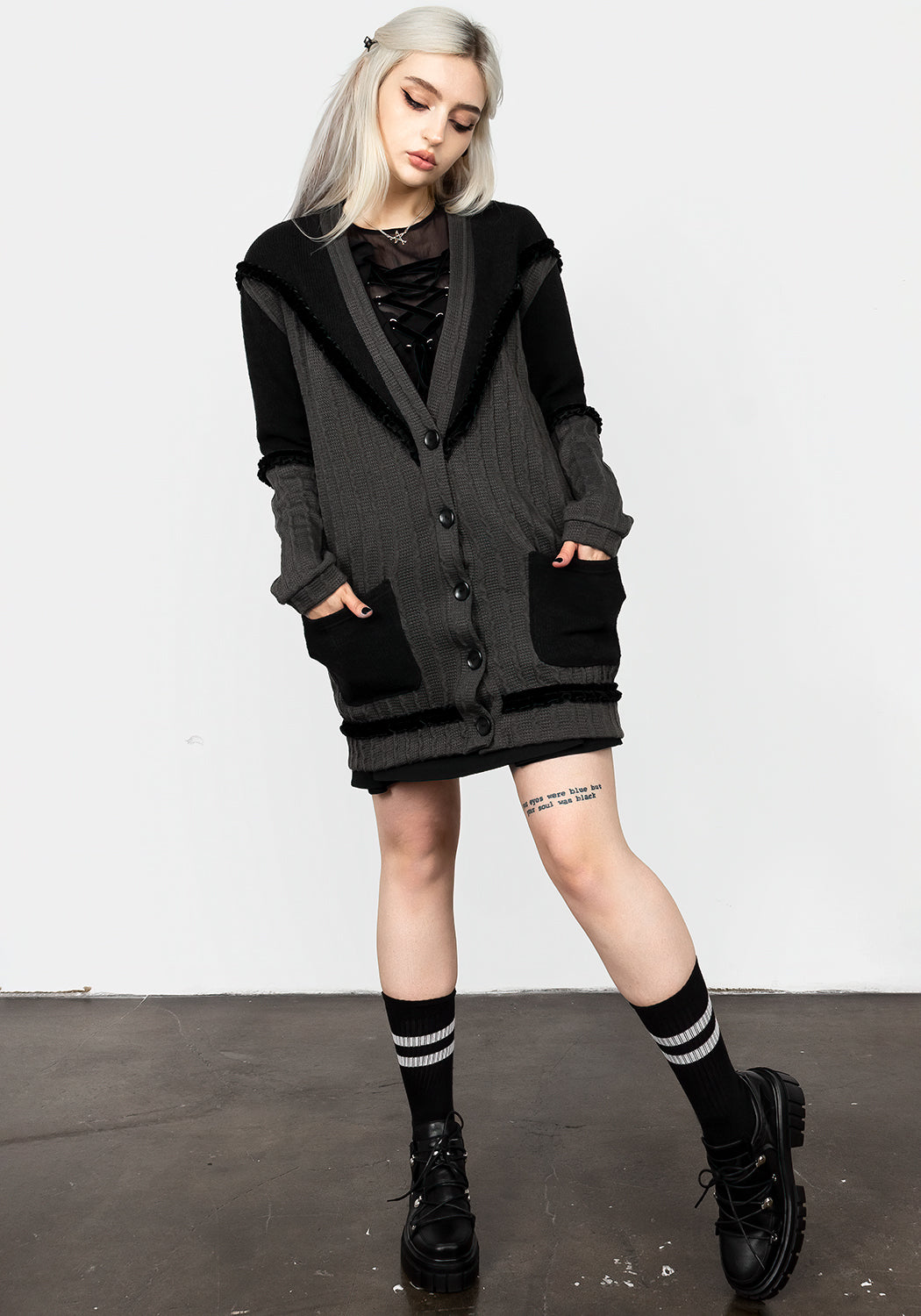 Oversized Grey & Black Knitted Cardigan with Panels | Lola