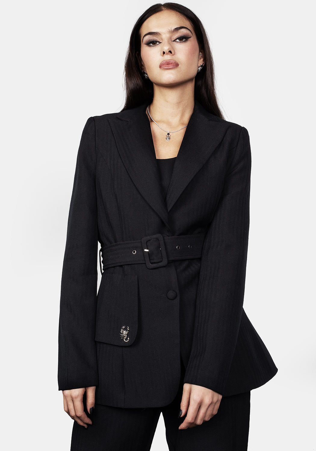 Black Herringbone Tailored Blazer with Belt & Scorpion Pin | Skorpios
