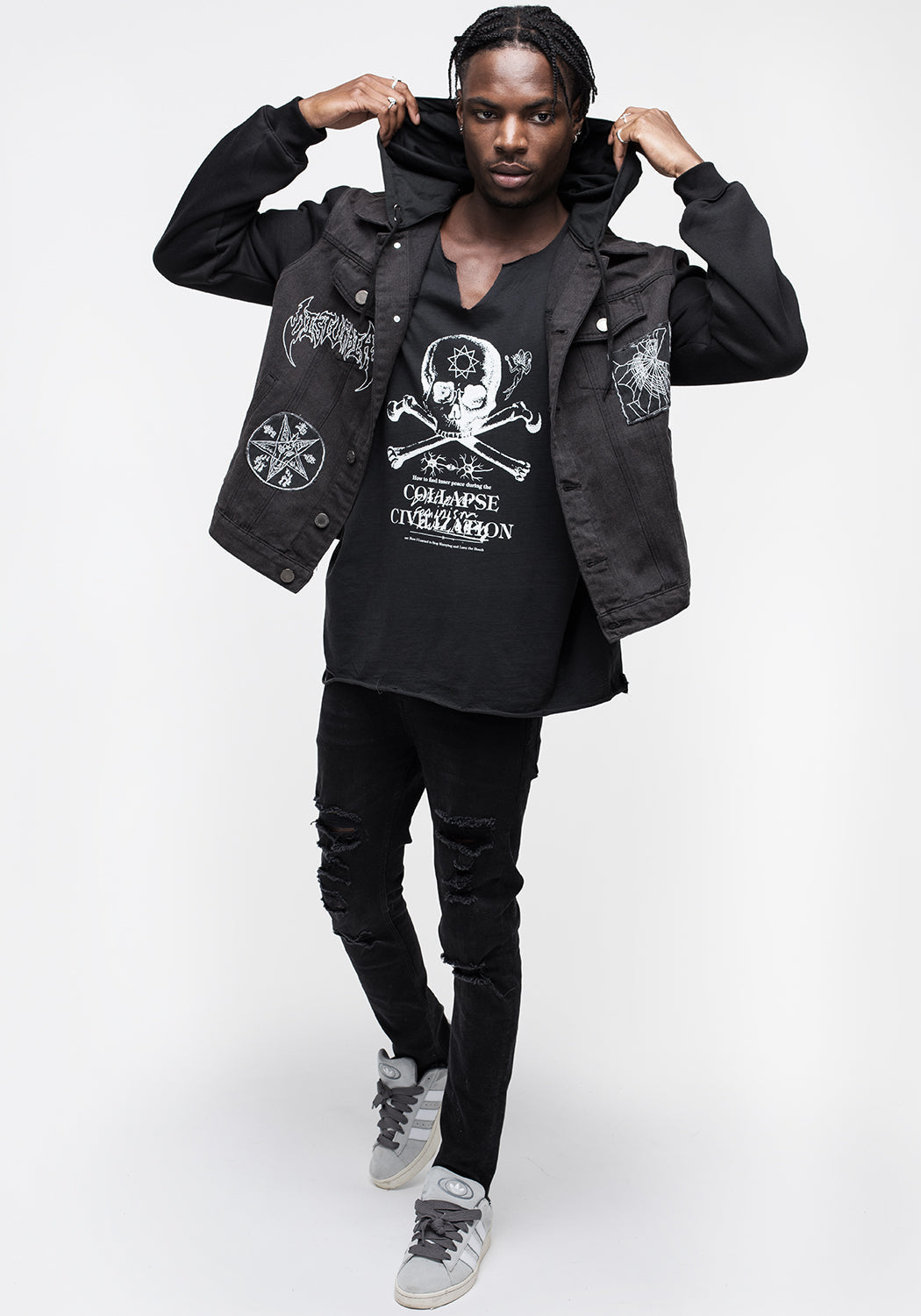 Denim Hooded Jacket with Detachable Hood & Jersey Sleeves | Shadows
