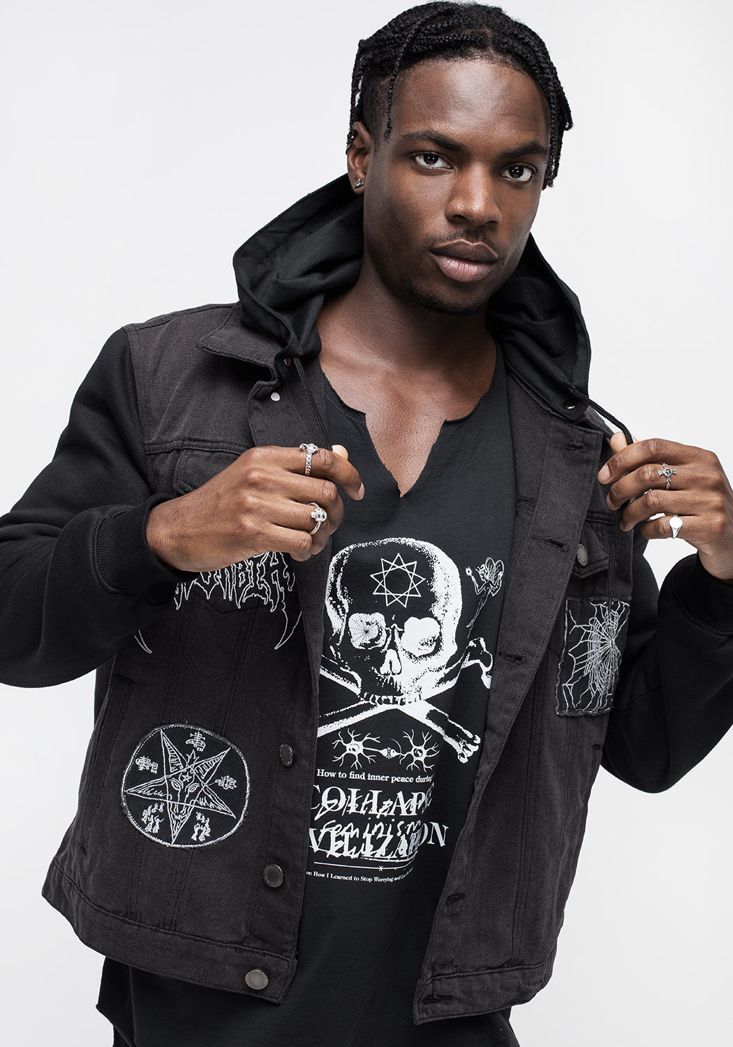 Denim Hooded Jacket with Detachable Hood & Jersey Sleeves | Shadows