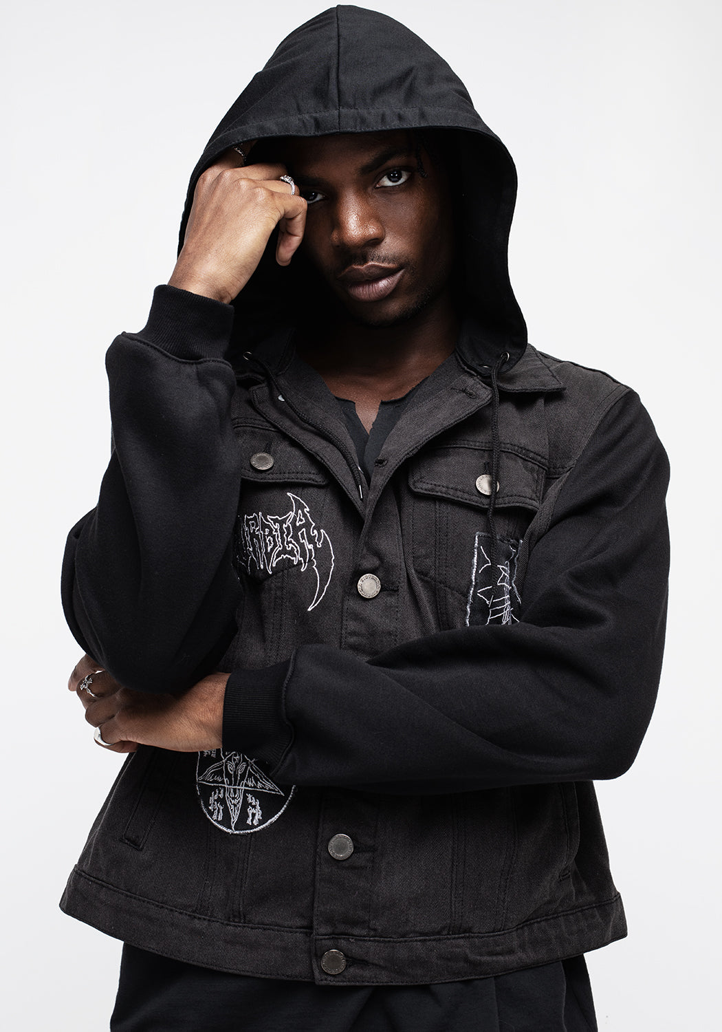 Denim Hooded Jacket with Detachable Hood & Jersey Sleeves | Shadows