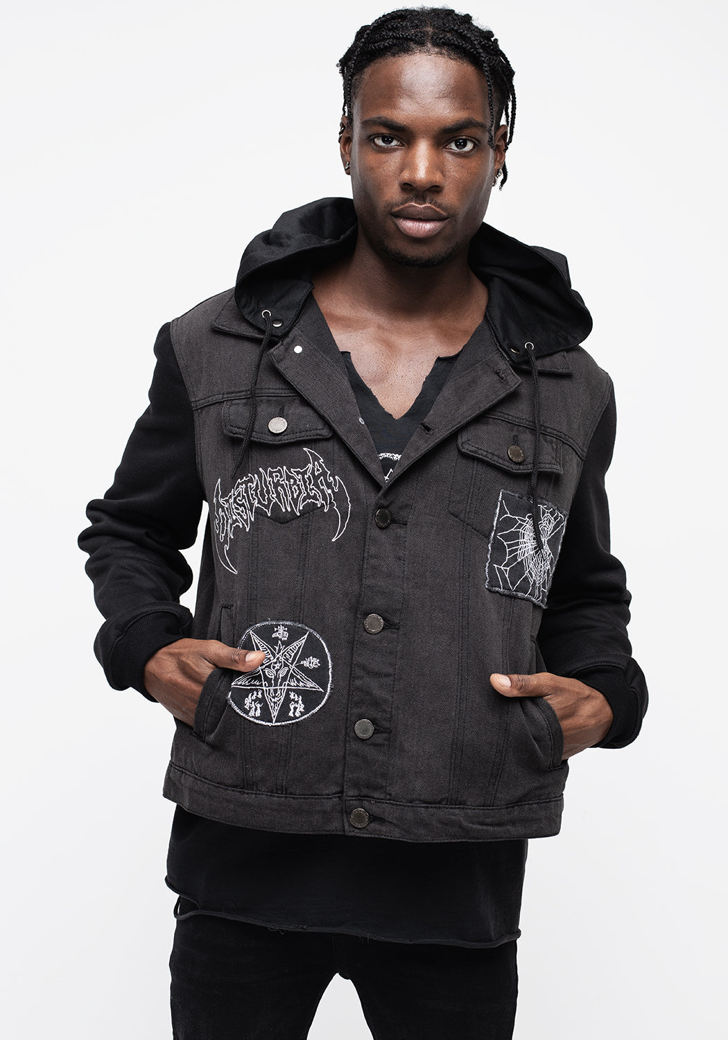 Denim Hooded Jacket with Detachable Hood & Jersey Sleeves | Shadows