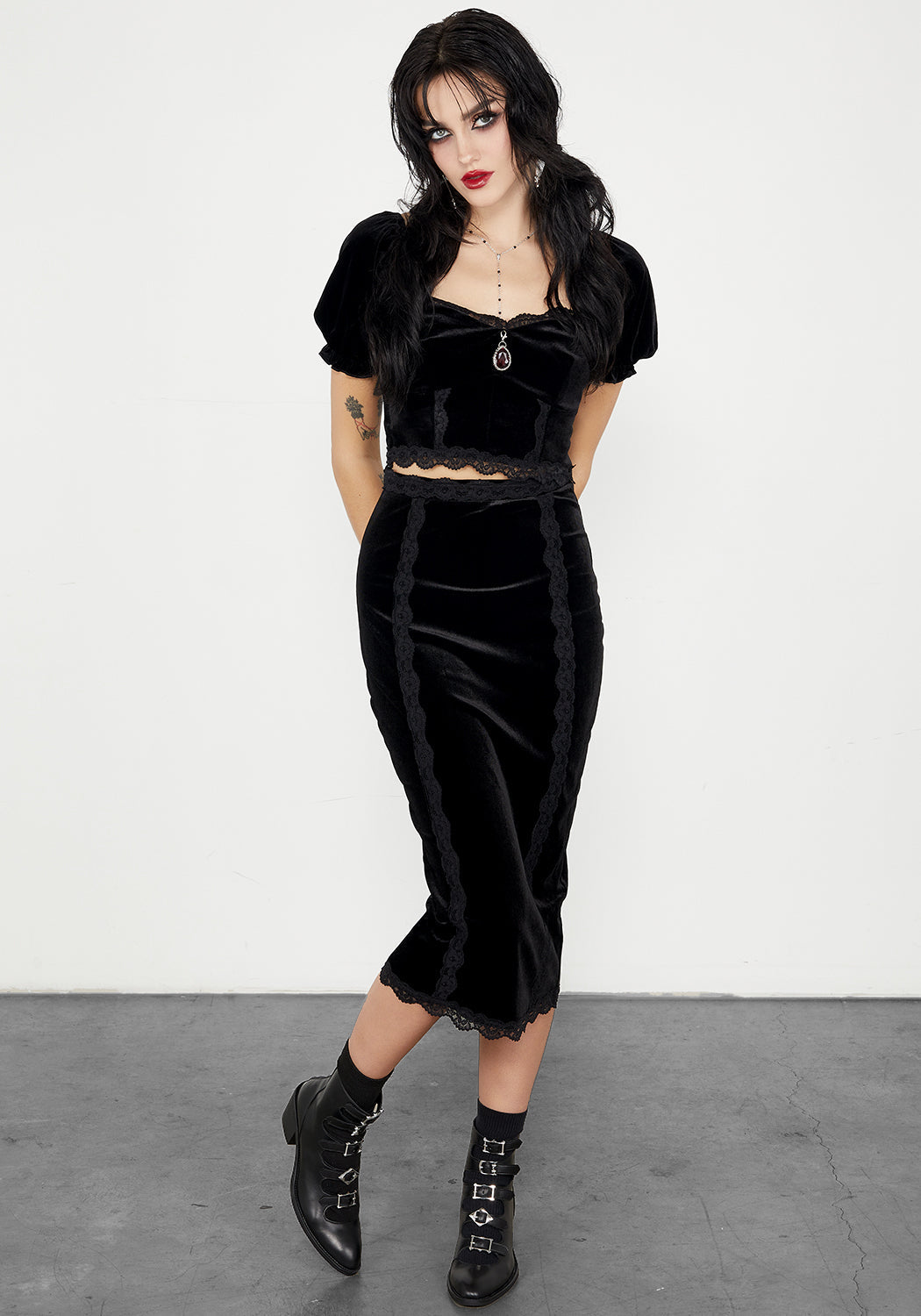 Black Velvet Midi Skirt with Lace Trim | Majesty High-Waisted