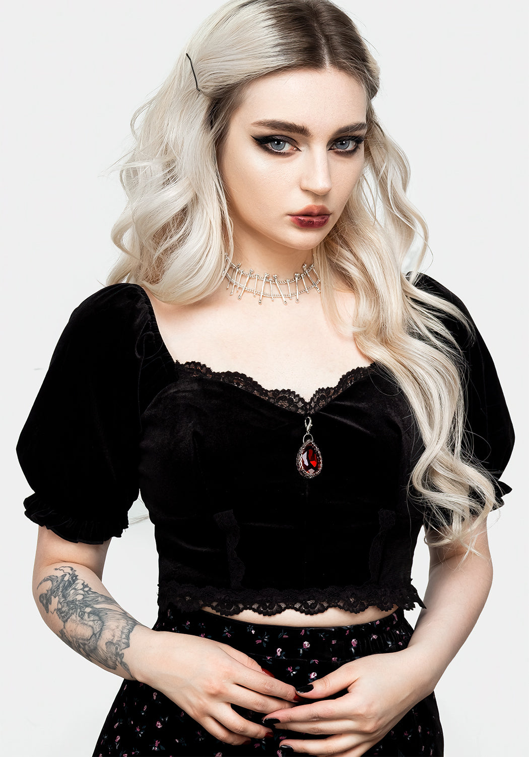 Black Velvet Crop Top with Puff Sleeves & Lace Trim | Majesty