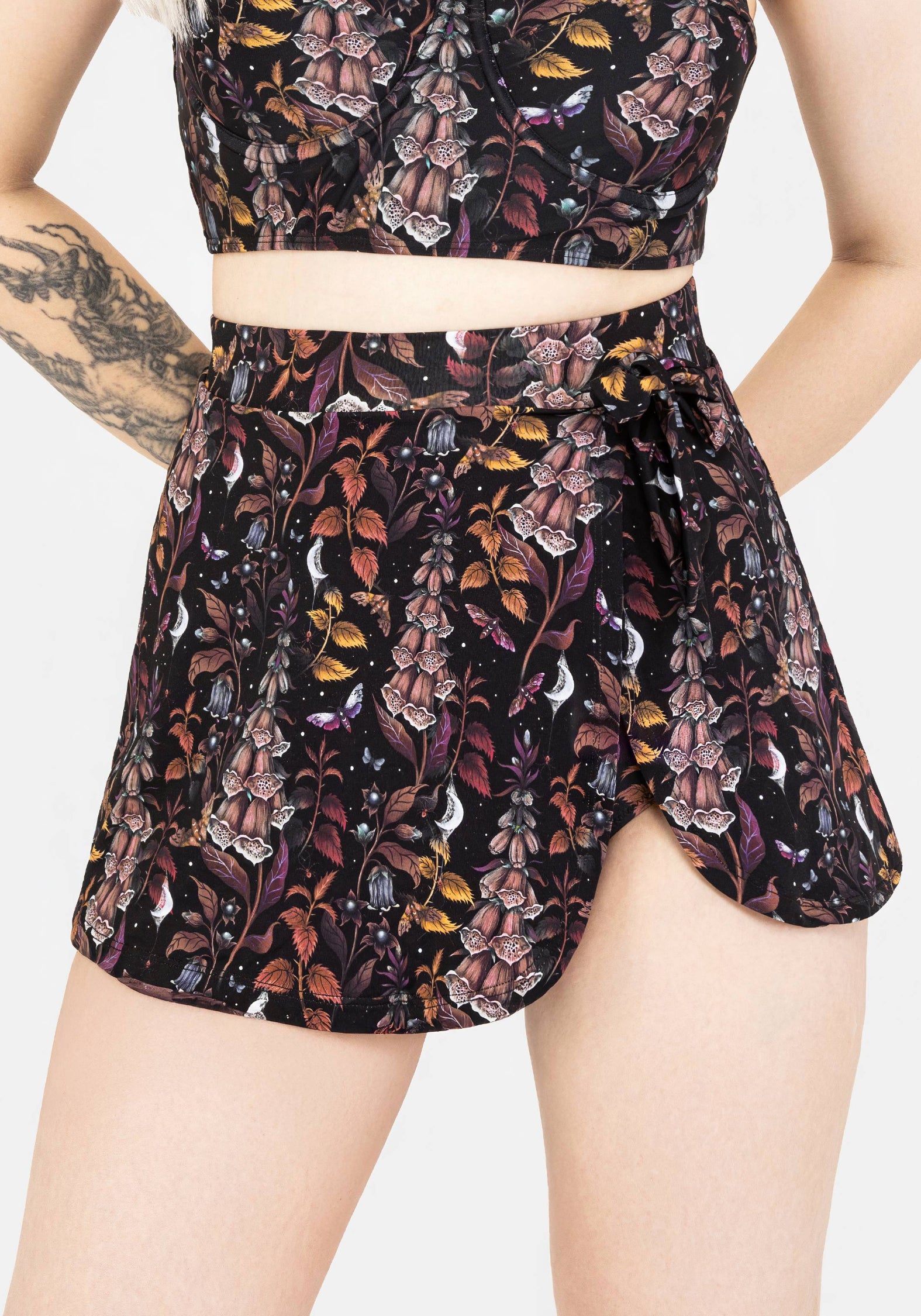 Black Floral Print Wrap Swim Skirt with Built-In Briefs | Foxglove