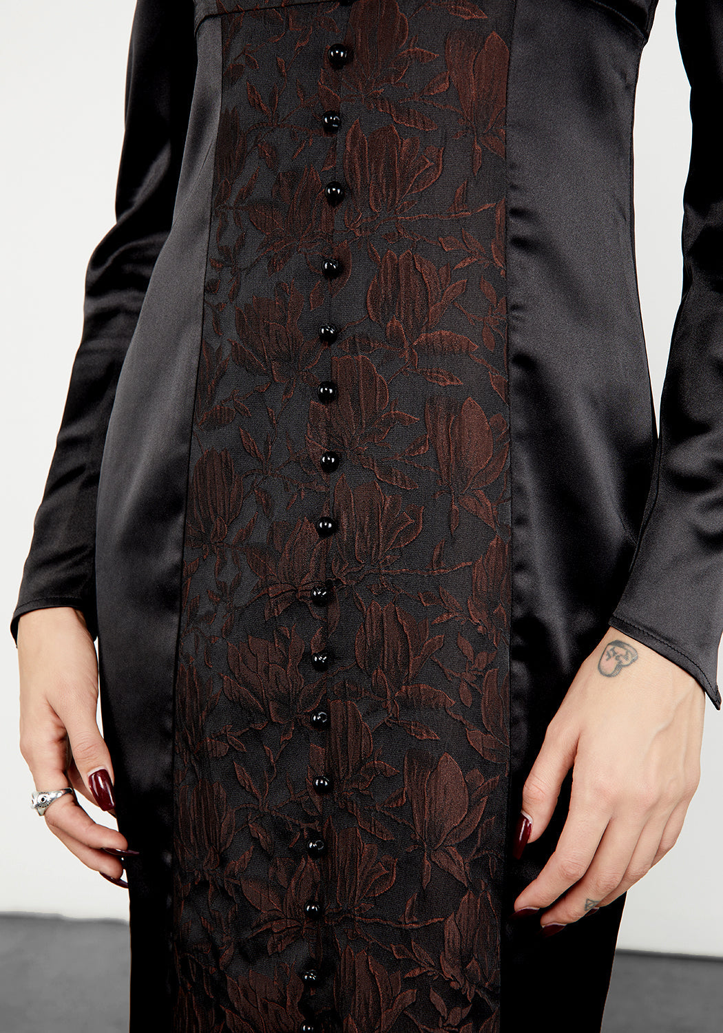 Black & Bronze Jacquard Pencil Dress with Lace Neckline | Emmeline