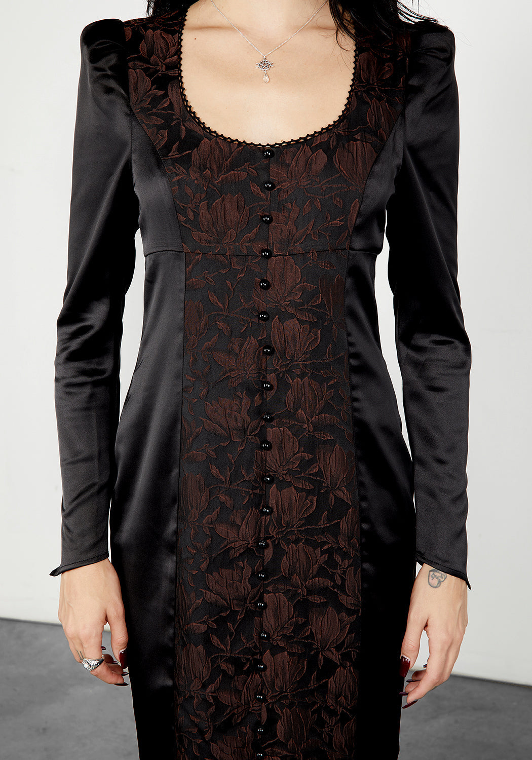 Black & Bronze Jacquard Pencil Dress with Lace Neckline | Emmeline