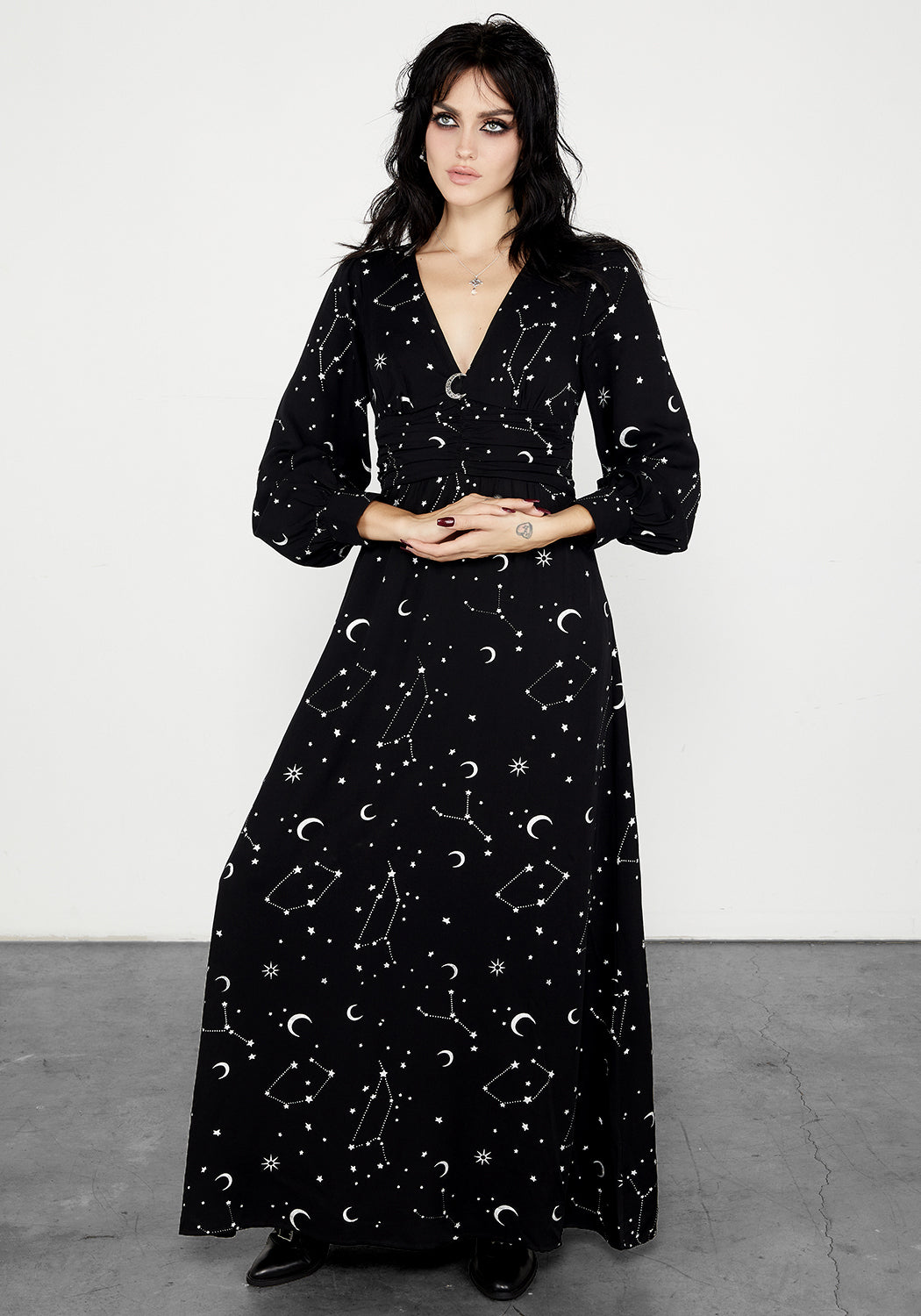 Silver Star Print Maxi Dress with Moon Brooch | Long Sleeve Flowy Gown