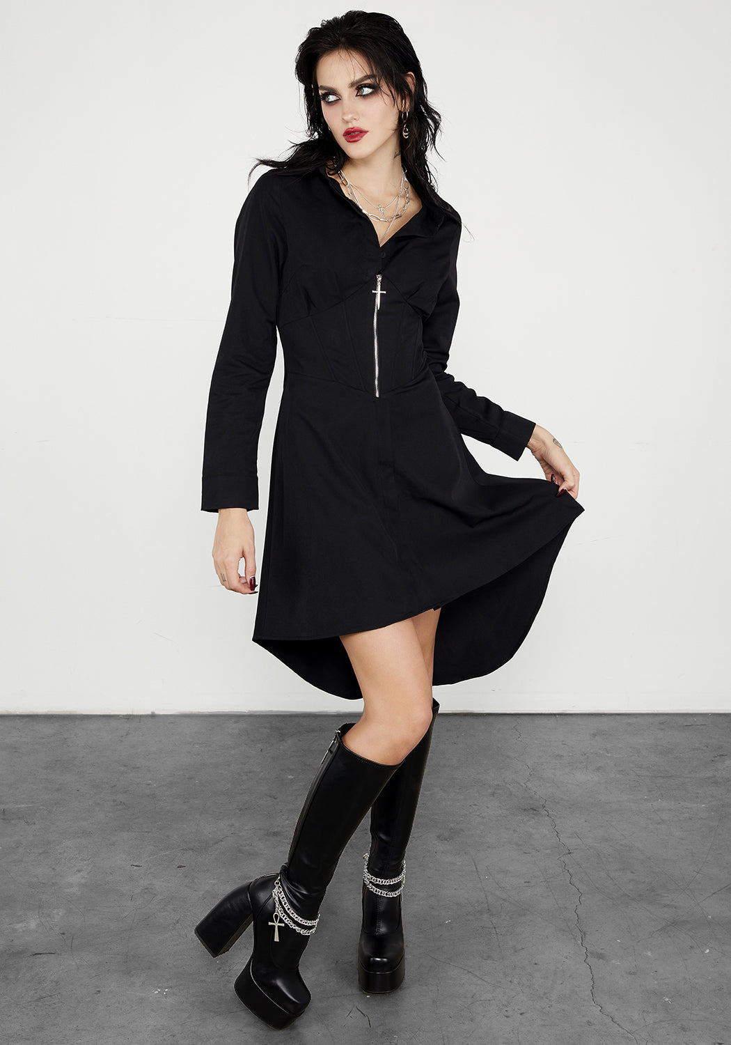 Black Corset Shirt Dress with Waist Panelling & Zip Detail | Bullet