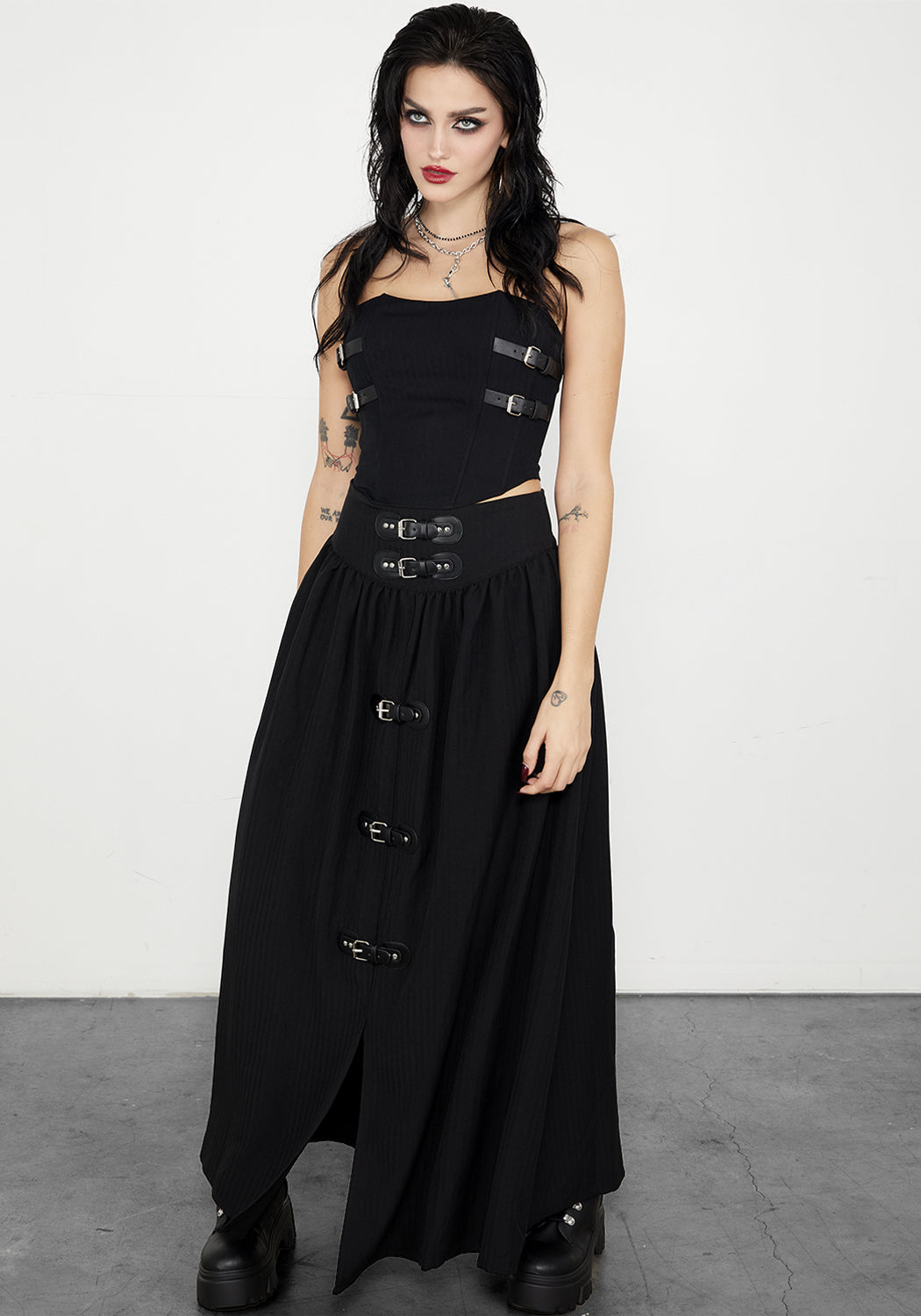 Black Herringbone Corset Top with Buckles & Boning | Afterlife