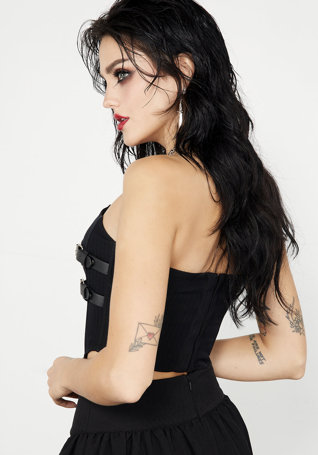 Black Herringbone Corset Top with Buckles & Boning | Afterlife