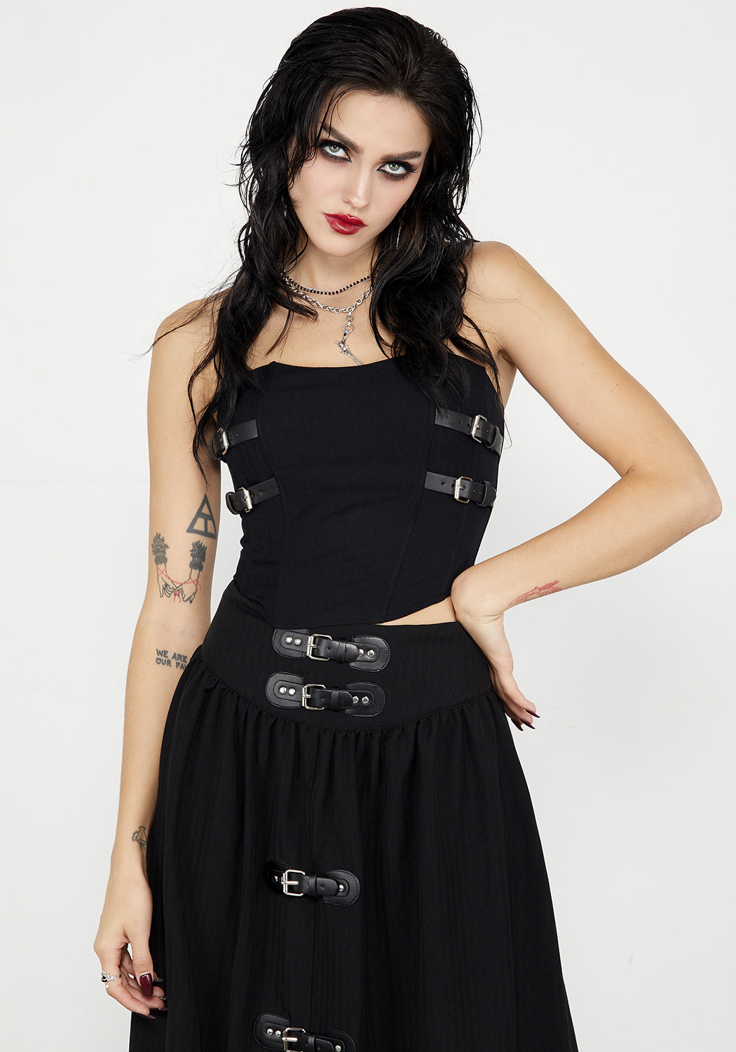 Black Herringbone Corset Top with Buckles & Boning | Afterlife