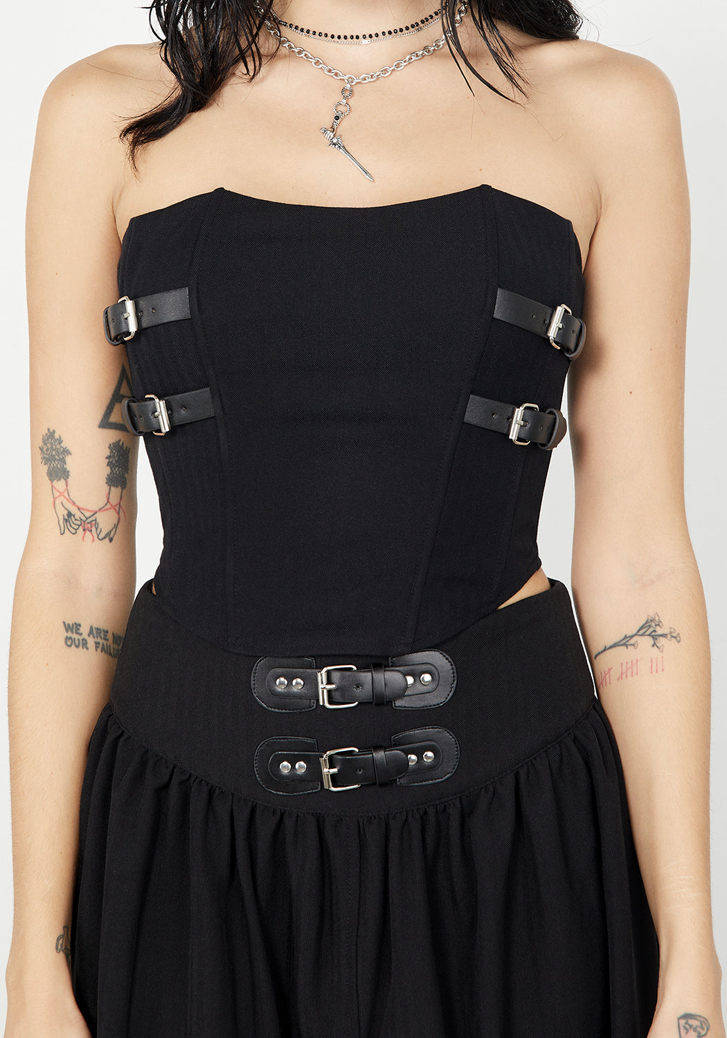 Black Herringbone Corset Top with Buckles & Boning | Afterlife