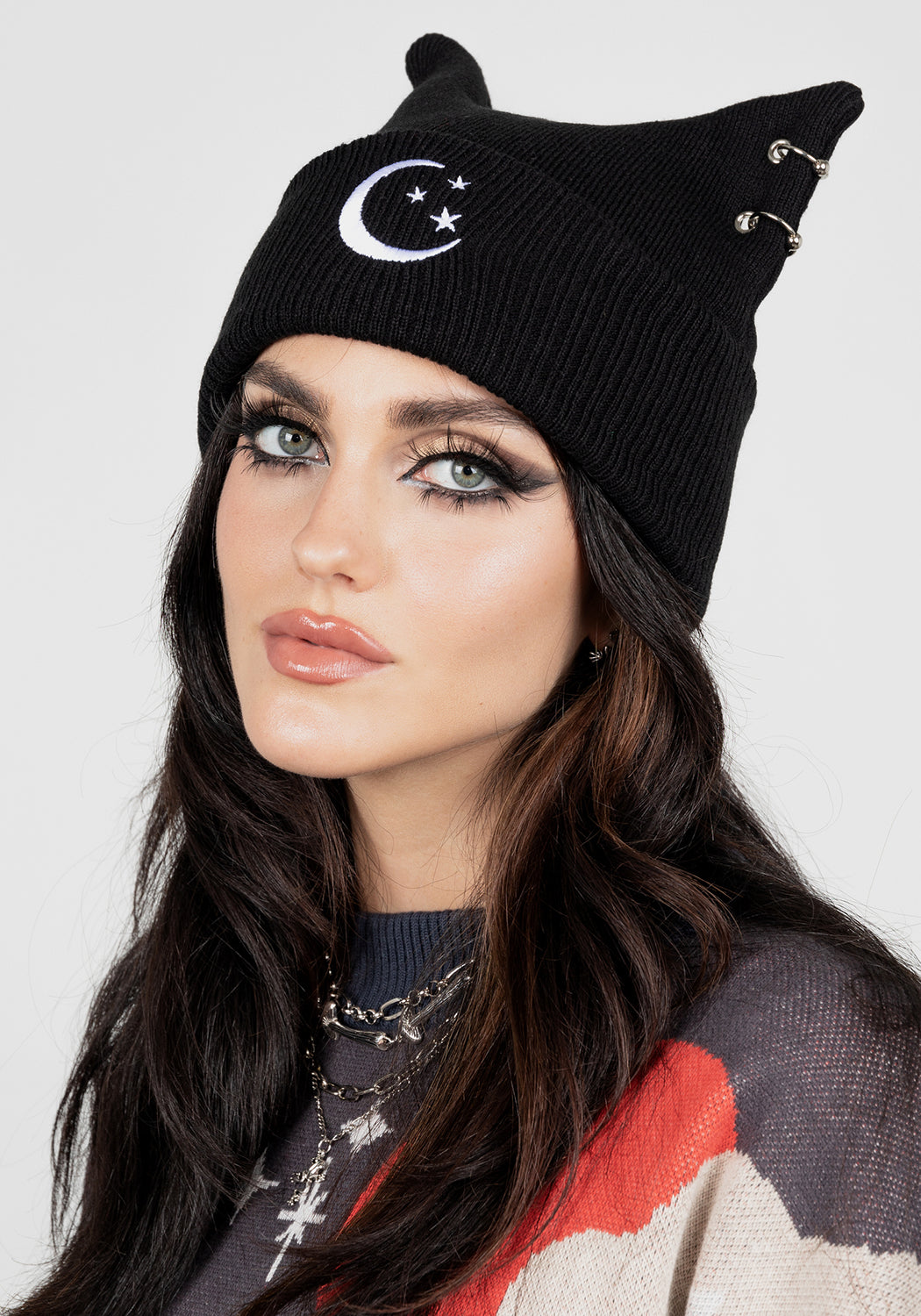 Black Bat-Ear Beanie with Silver Piercings & Moon Embroidery | Natalus
