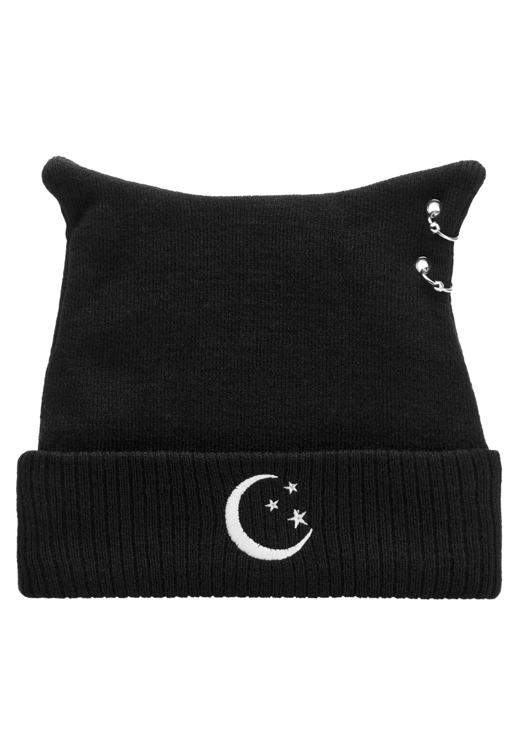 Black Bat-Ear Beanie with Silver Piercings & Moon Embroidery | Natalus