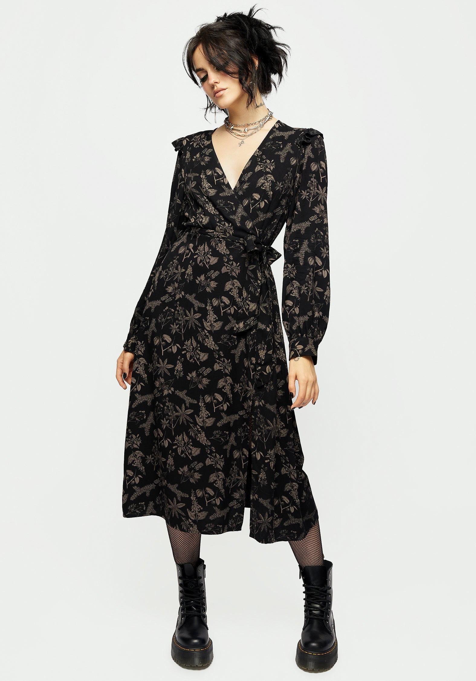 Black Faux Wrap Midi Dress with Poisonous Plants Print | Flattering Fit & Flare