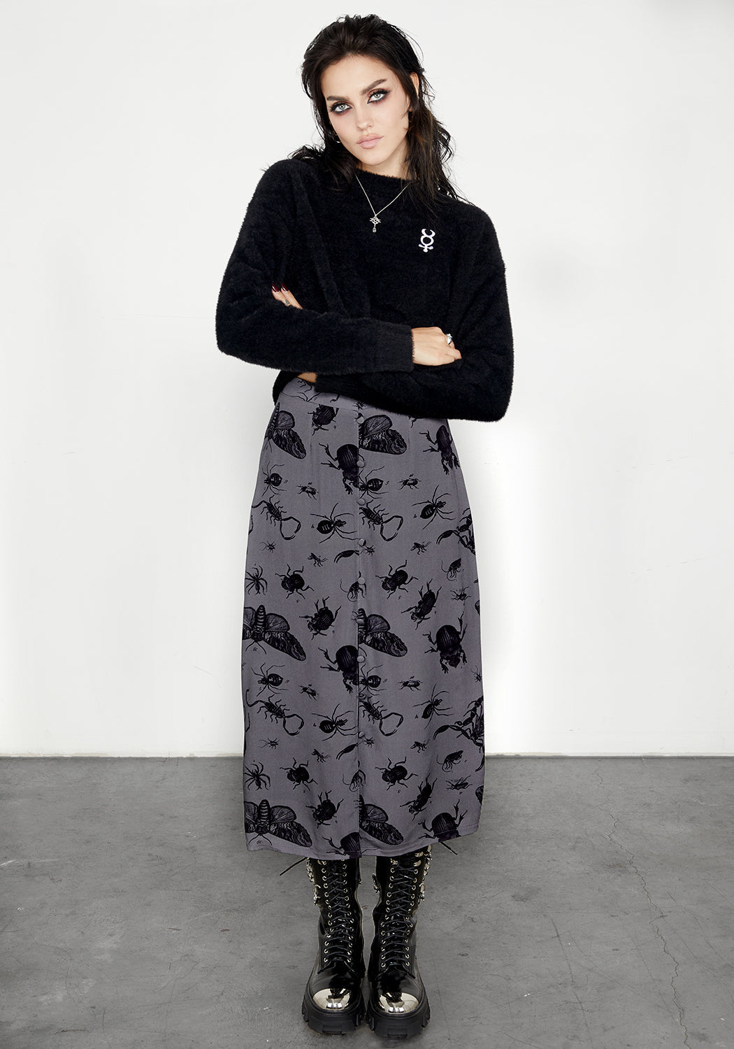 Bug Print Midi Skirt with Front Split & Buttons | Parasite