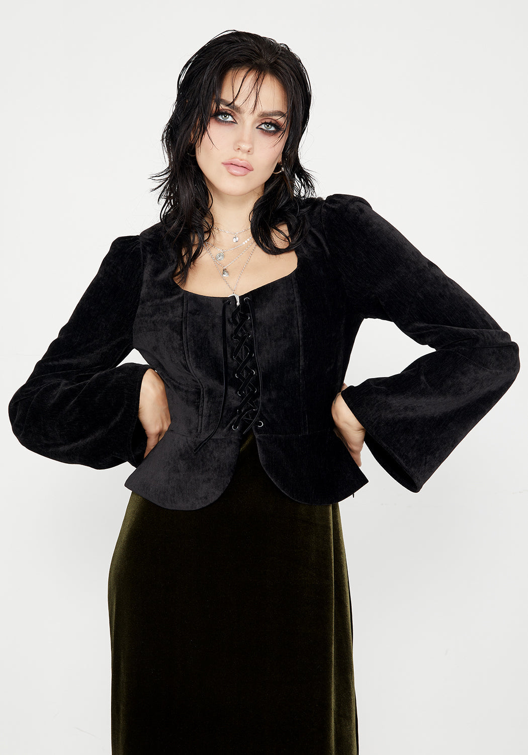 Black Velvet Lace-Up Peplum Top with Bell Sleeves | Grimm