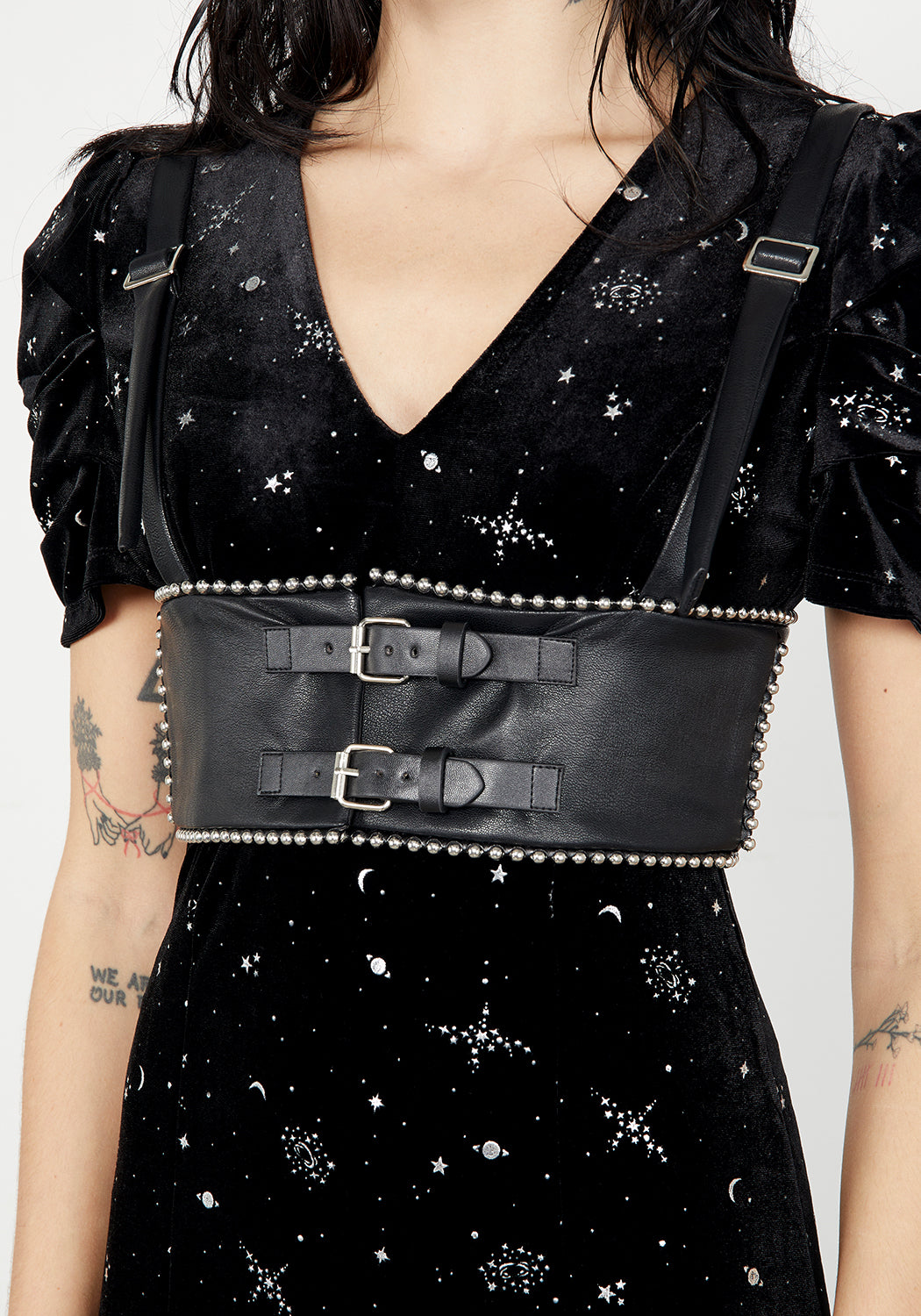 Black Faux Leather Underbust Harness with Adjustable Straps & Rivet Details