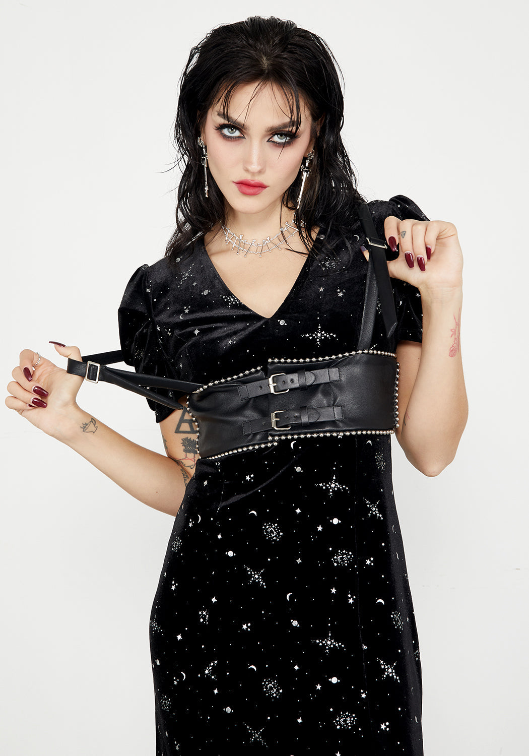 Black Faux Leather Underbust Harness with Adjustable Straps & Rivet Details