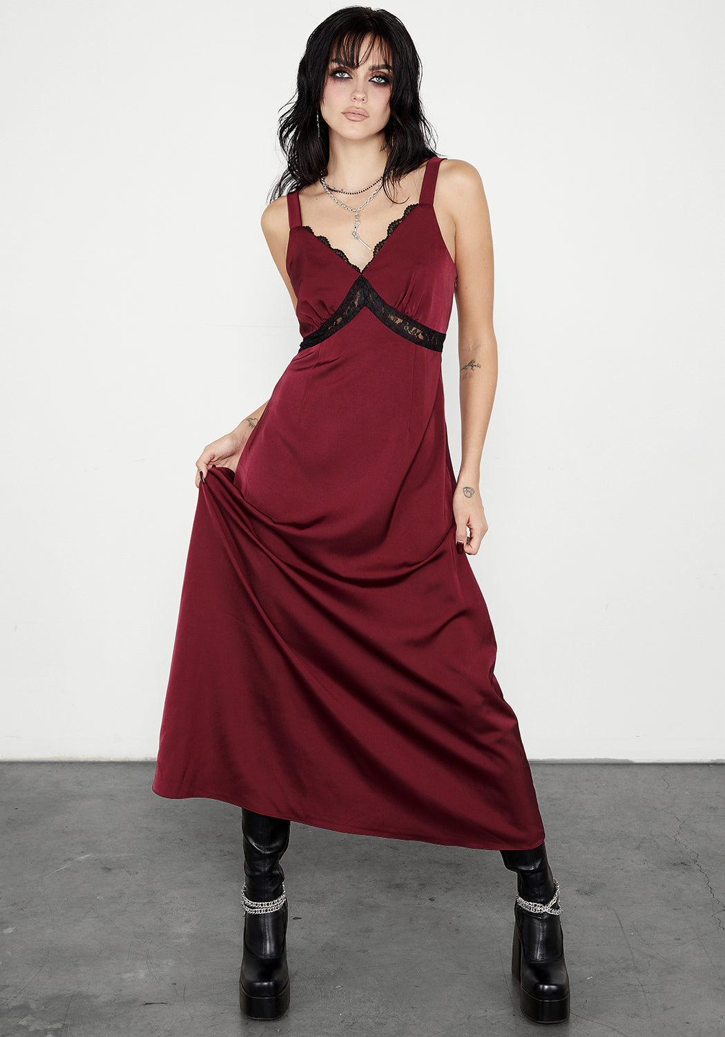 Red Lace Panelled Slip Dress with V-Neck & Sheer Panels | Mara