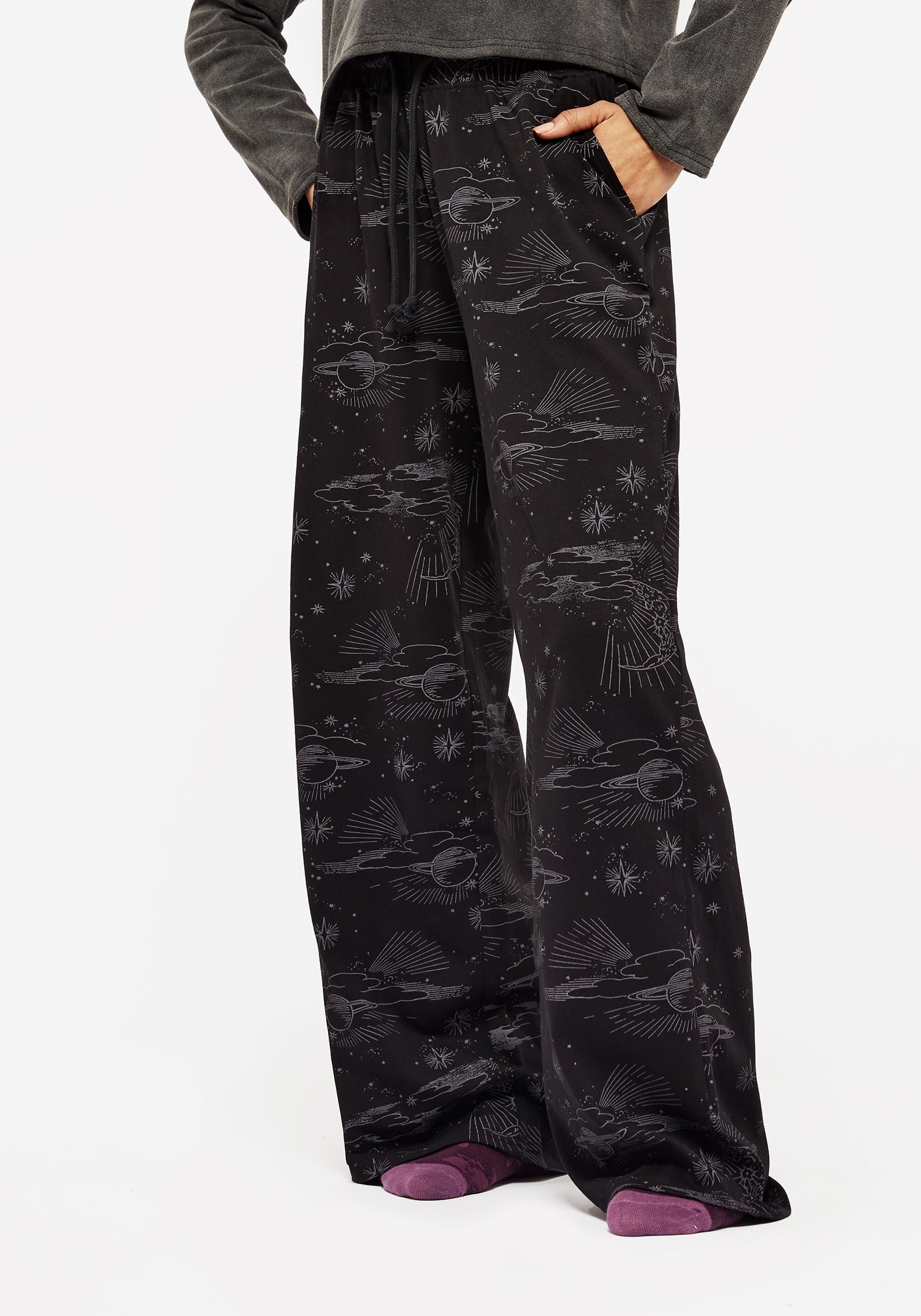Black Cosmic Print Wide Leg Pyjama Pants | Soft Cotton & Elastic Waist