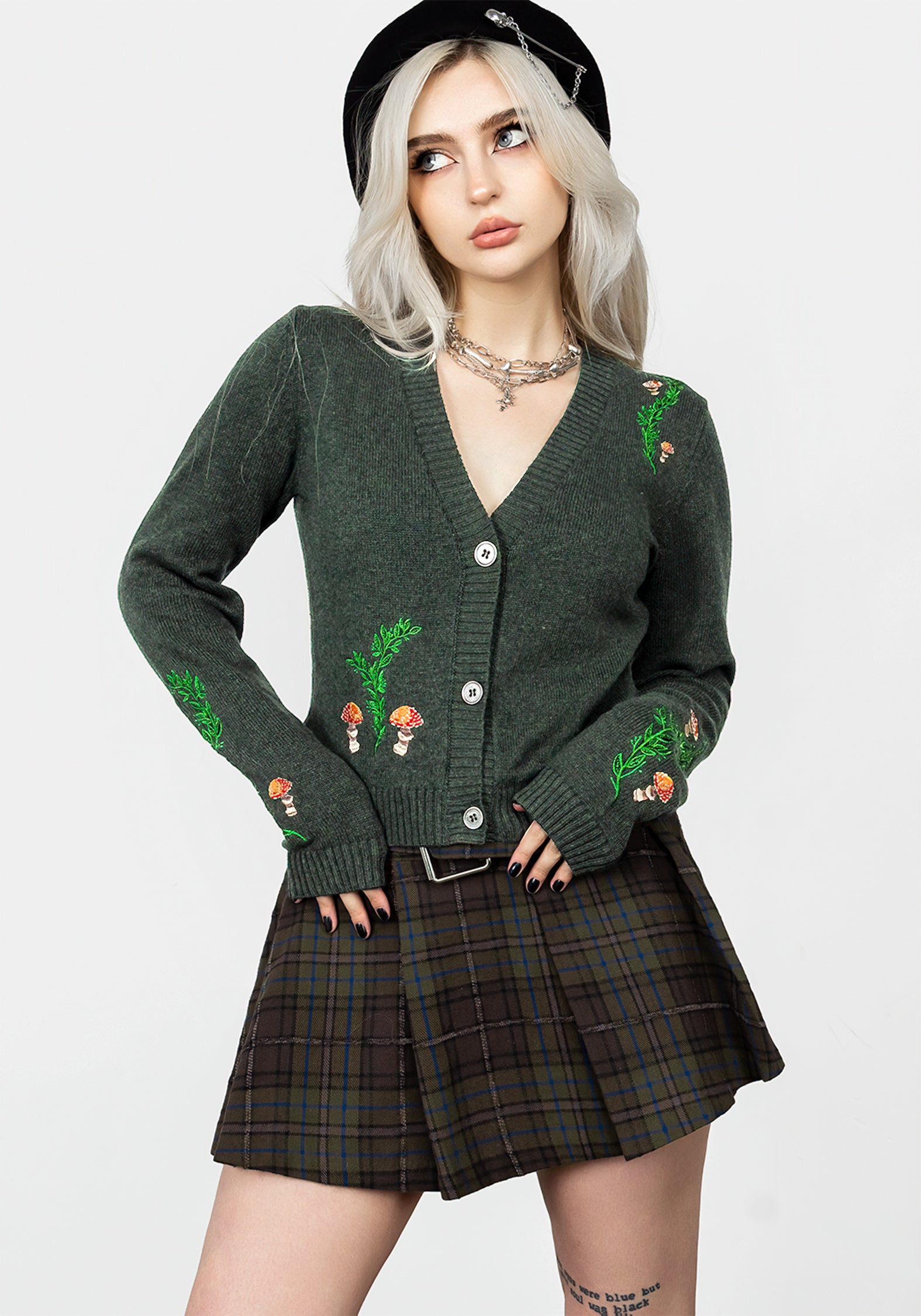 Dark Green Embroidered Cropped Cardigan with Chunky Buttons | Fable