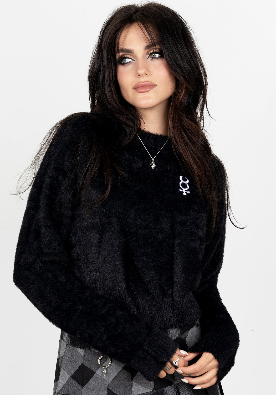 Black Fluffy Crop Sweater with Mercury Embroidery | Cosy Knit Jumper