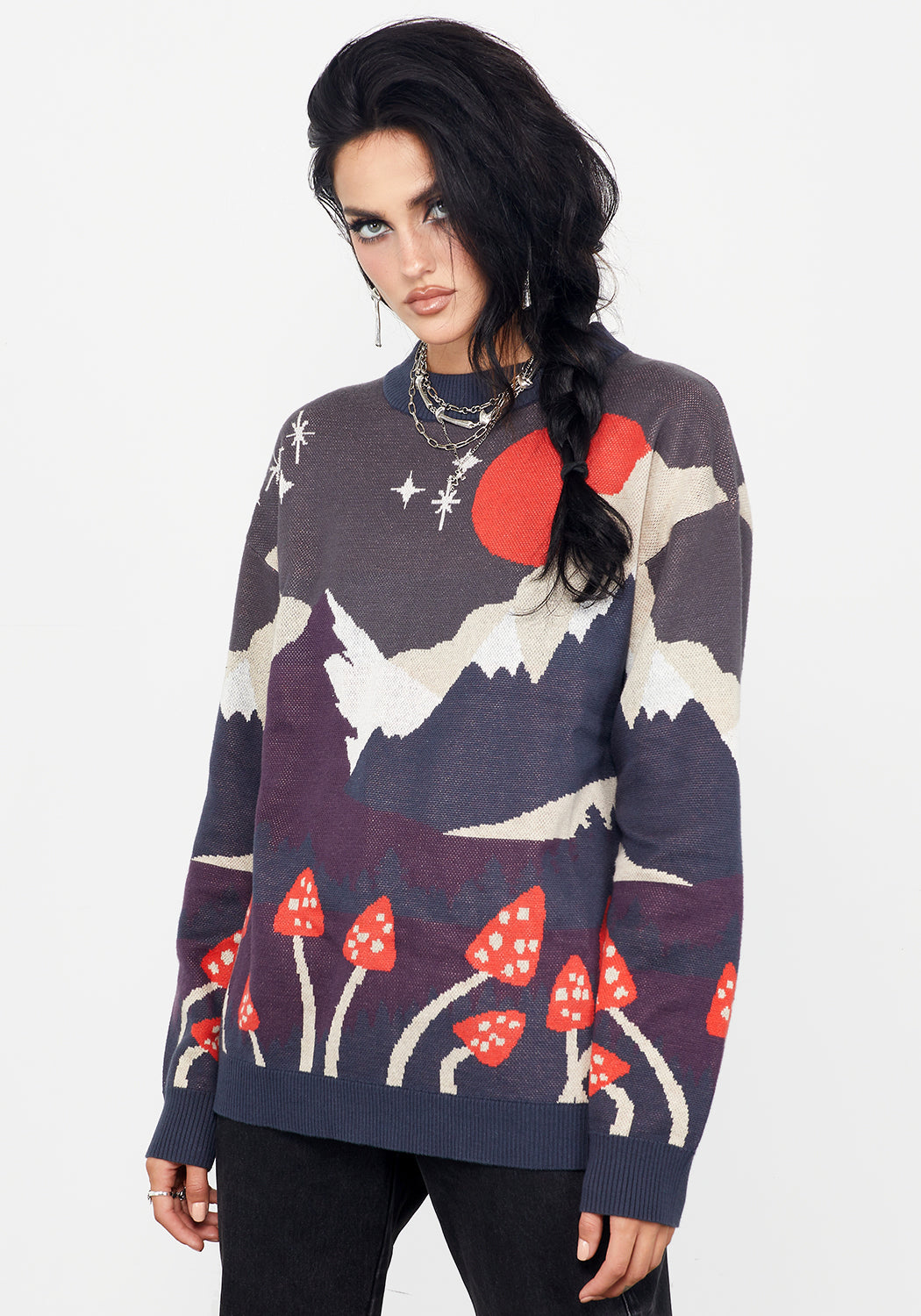 Oversized Mock Neck Sweater with Landscape Graphic | Faraway