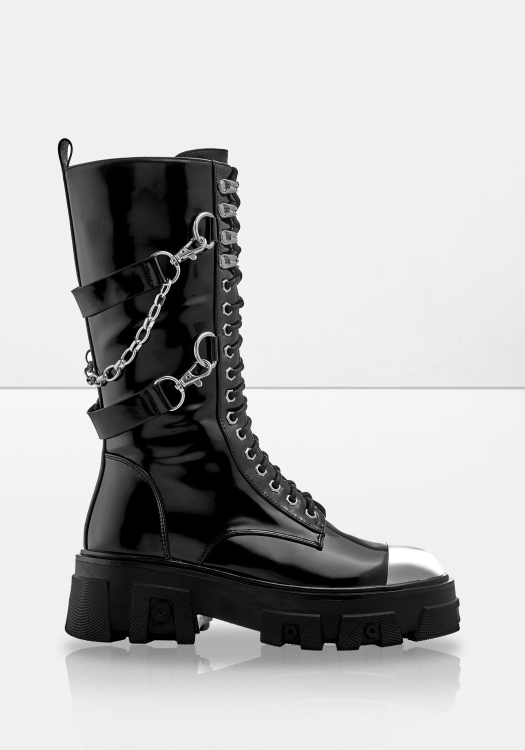 Black Patent Faux Leather Boots with Chunky Soles & Silver Details