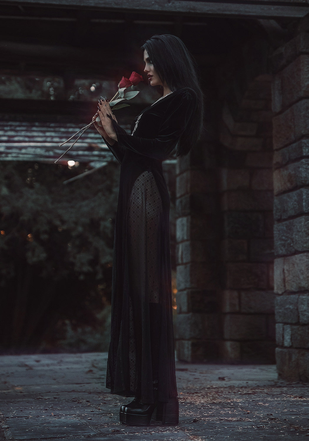 Black Velvet Maxi Gown with Deep V-Neck & Lace Skirt | Countess Bodysuit