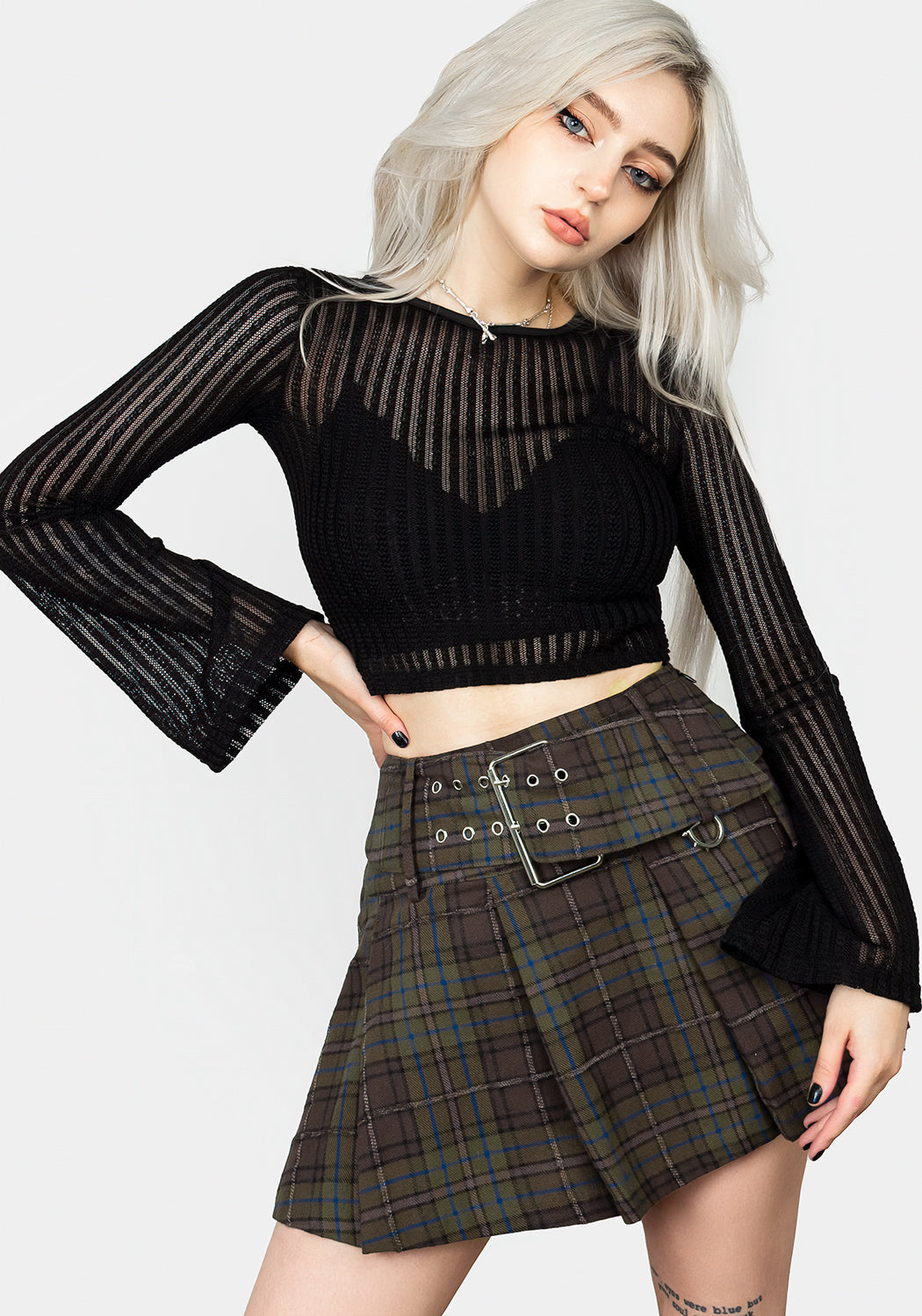 Black Sheer Flared Sleeve Crop Top | Habundia