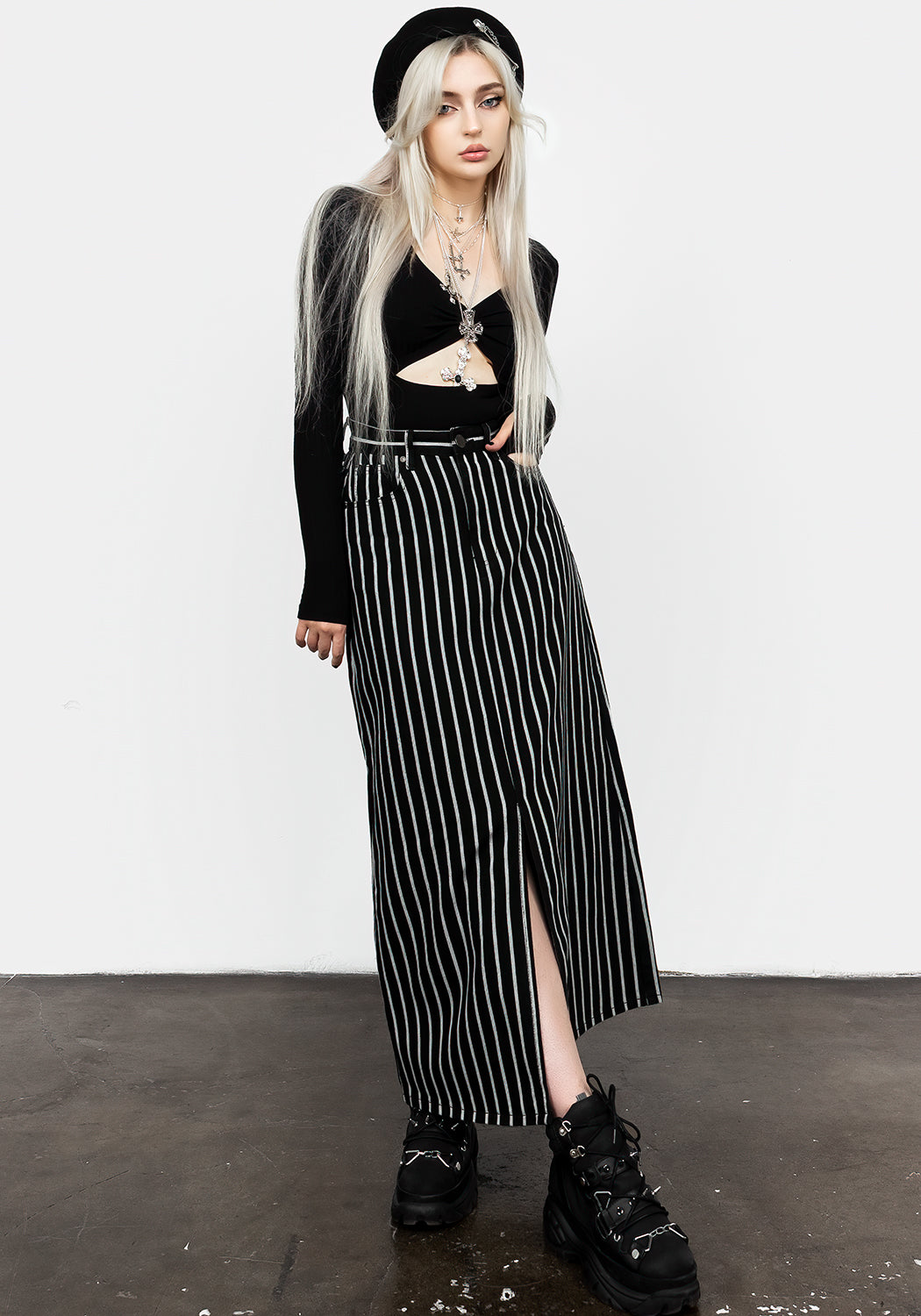 Black & White Striped Denim Maxi Skirt with Front Slits | Deranged