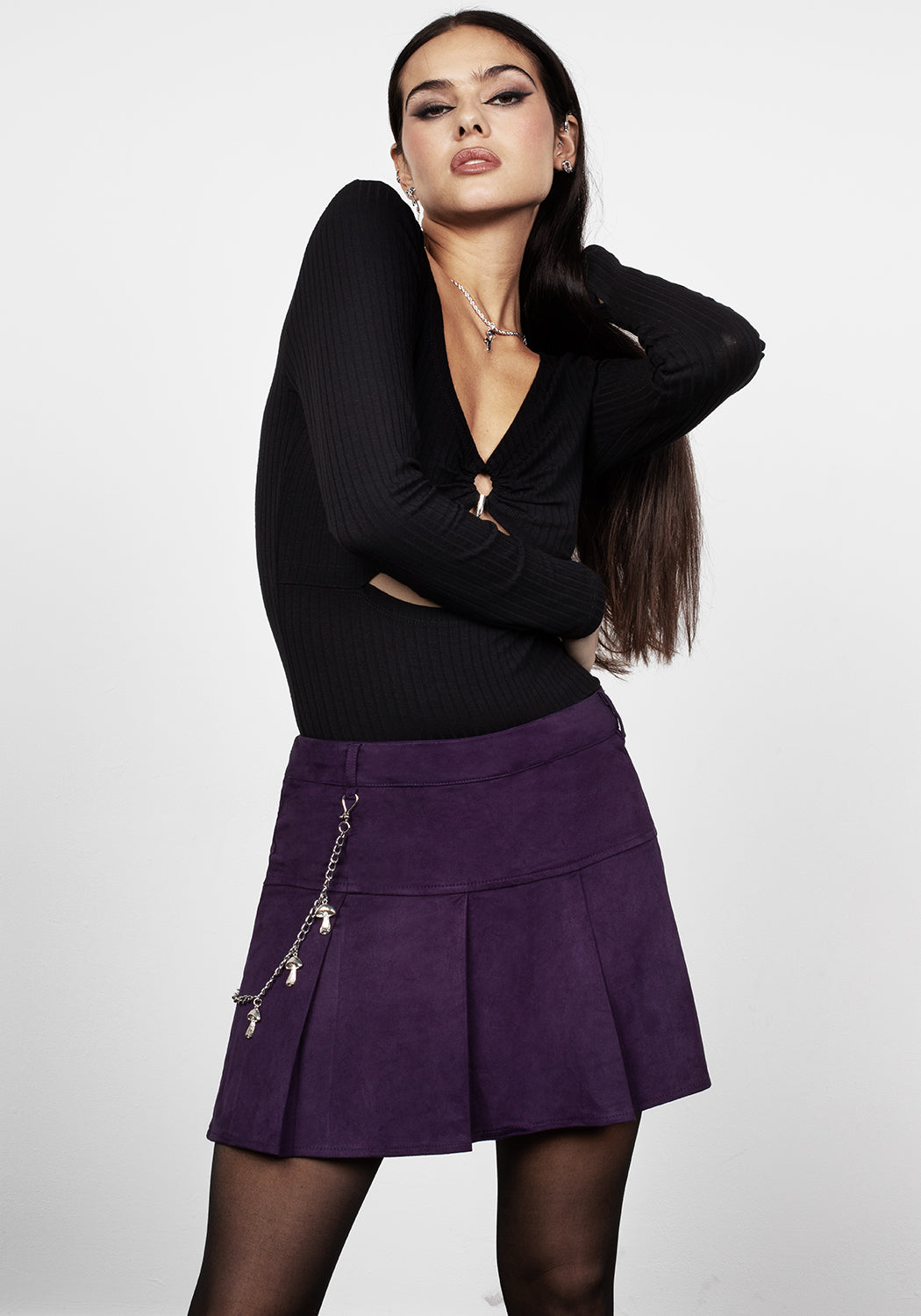 Purple Low-Rise Pleated Mini Skirt with Mushroom Chain | Gretel