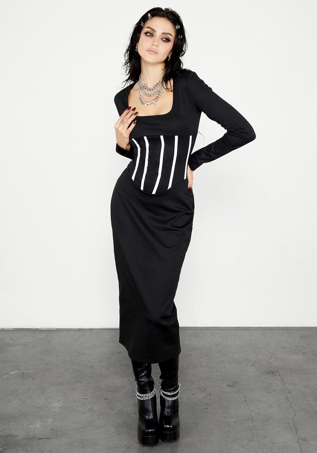 Black Jersey Corset Dress with Mock Piping & Back Split | Seance