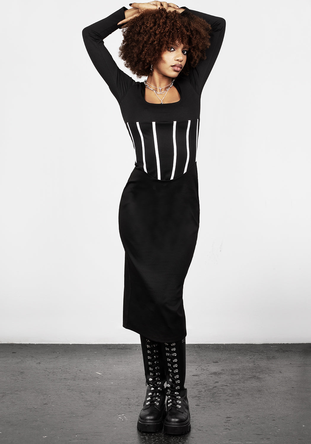 Black Jersey Corset Dress with Mock Piping & Back Split | Seance