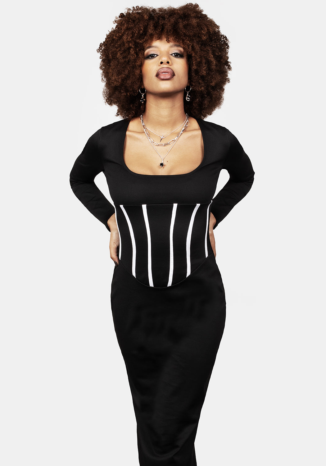 Black Jersey Corset Dress with Mock Piping & Back Split | Seance