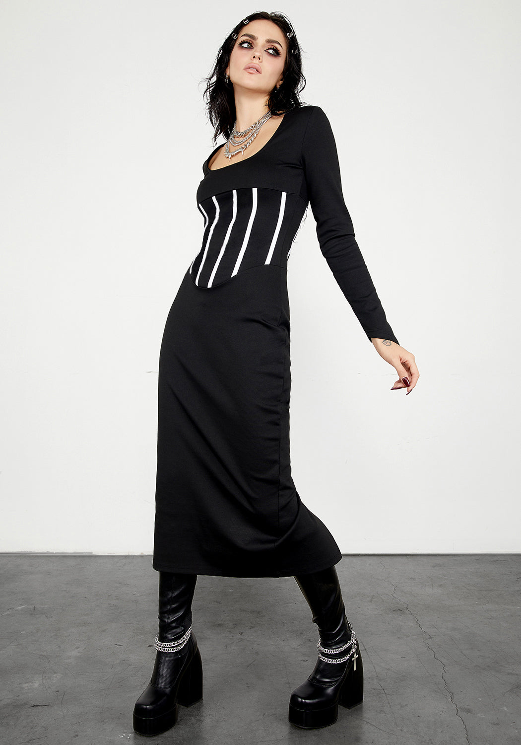Black Jersey Corset Dress with Mock Piping & Back Split | Seance