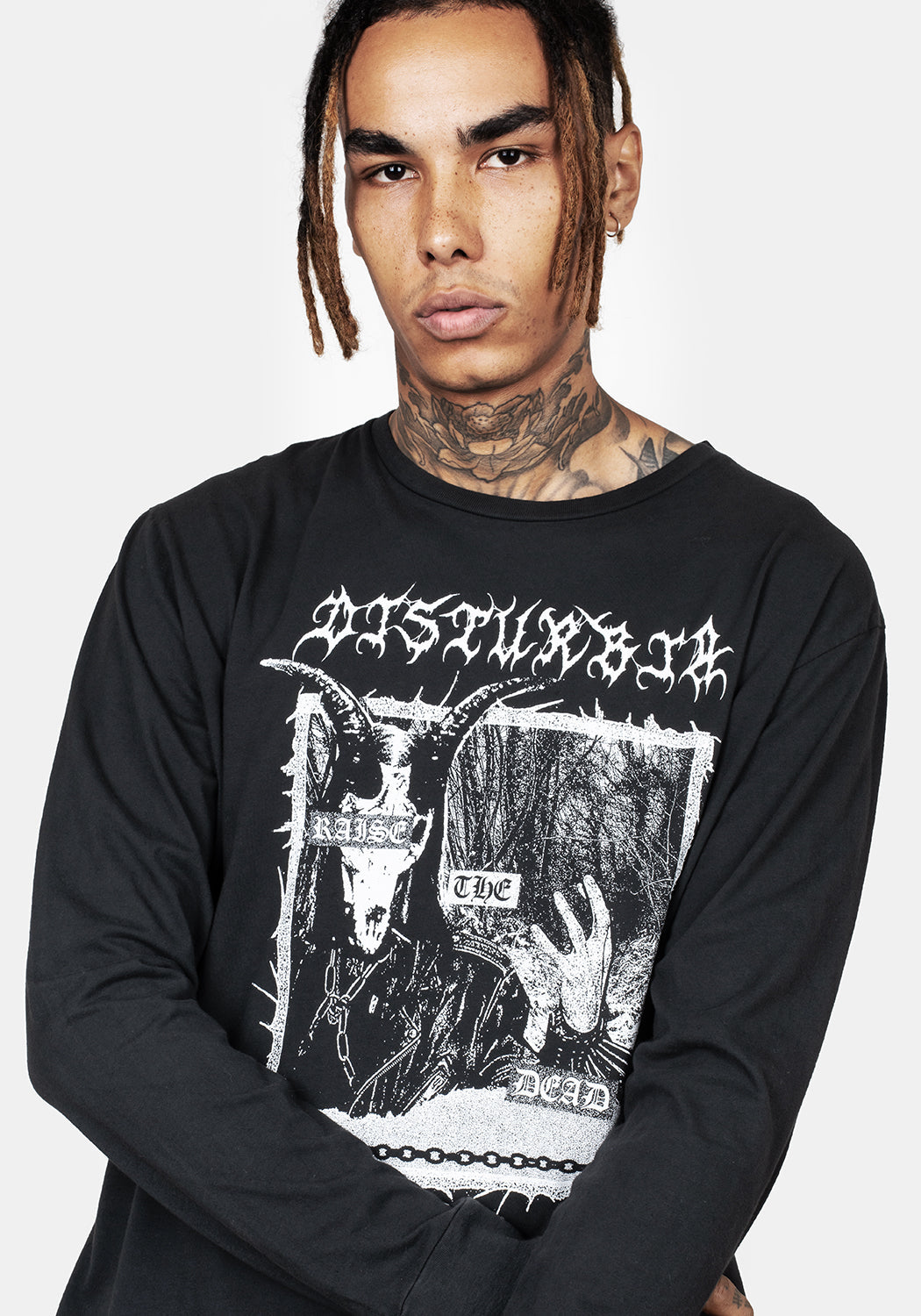 Black Acid-Washed Graphic T-Shirt with Necromantic Print | Raise the Dead