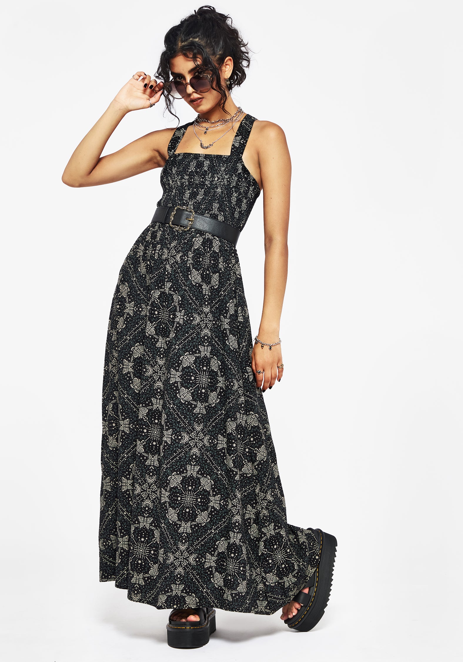 Black Moth Print Wrap Midi Dress with Shirred Bodice | Poem
