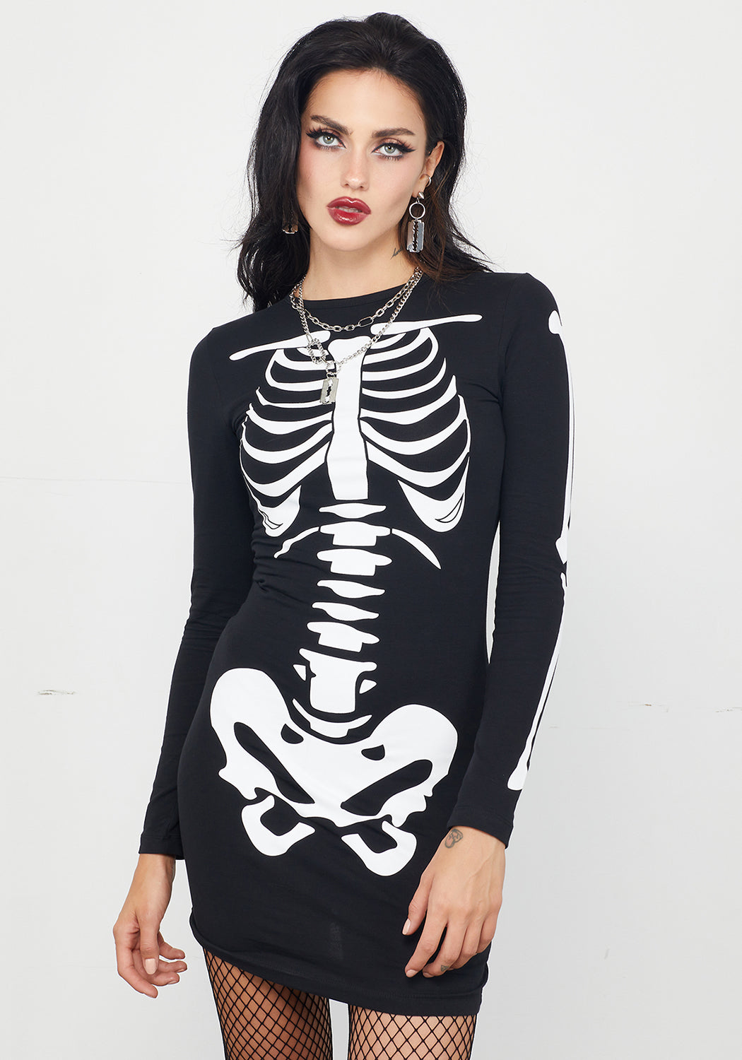 Black Skeleton Print Mini Jersey Dress | Skeletus